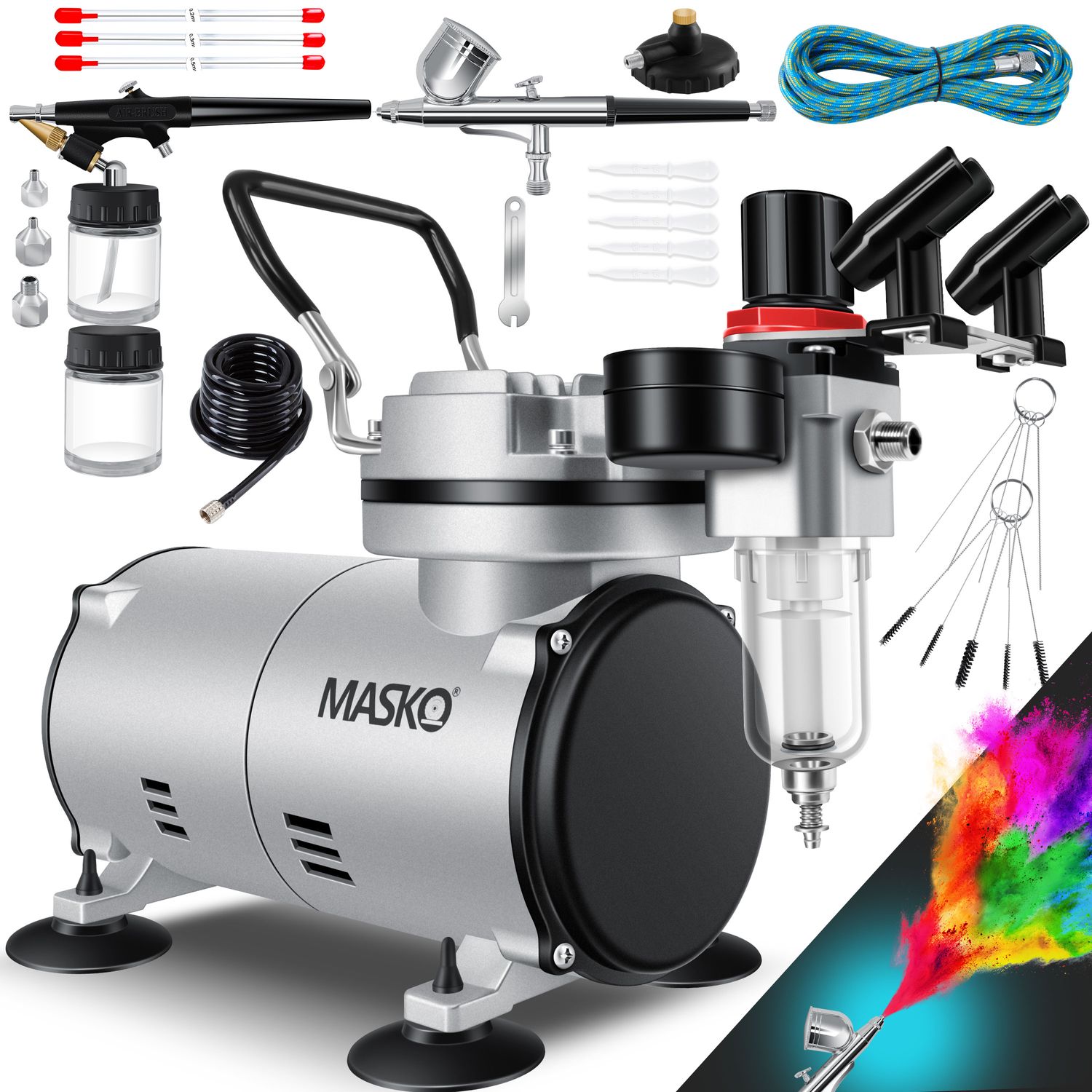 MASKO&reg; Airbrush-Set mit Kompressor 4 bar inkl. Airbrush-Pistolen | Lackierpistole Komplett-Set Tattoo Kunst Malerei | Nadeln & D&uuml;sen im Zubeh&ouml;r | Multifunktions Dual-Set mit Manomter & Luftfilter 