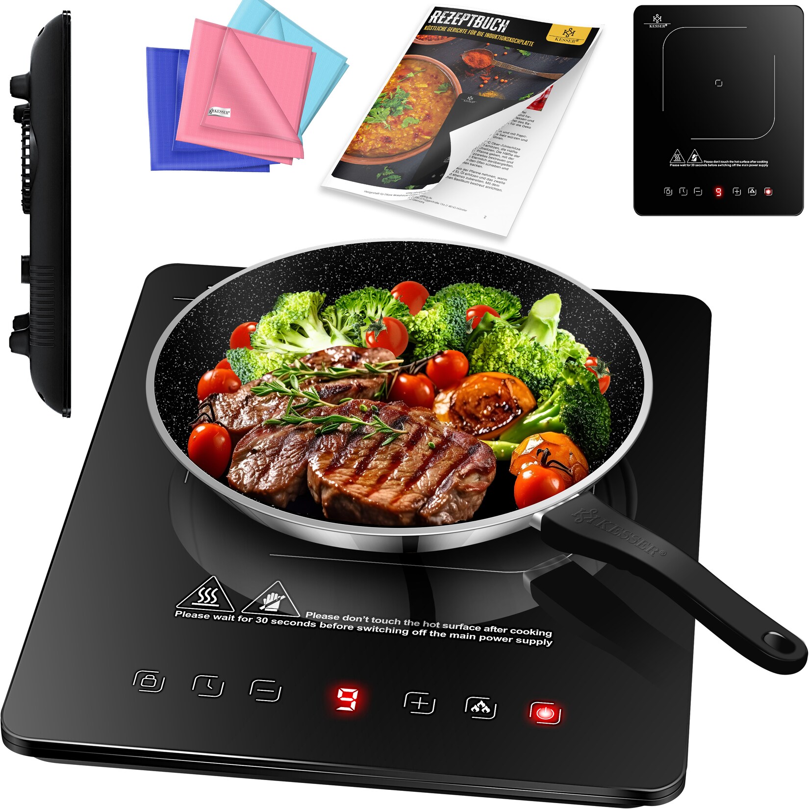 ® Induktionskochplatte Induktionskochfeld Tragbare 28cm Kochplatte + 3x Mikrofasertuch + 1x Rezeptbuch, Heizstufen, Stunden-Timer, Touch-Steuerung, Booster-Funktion 220-240V