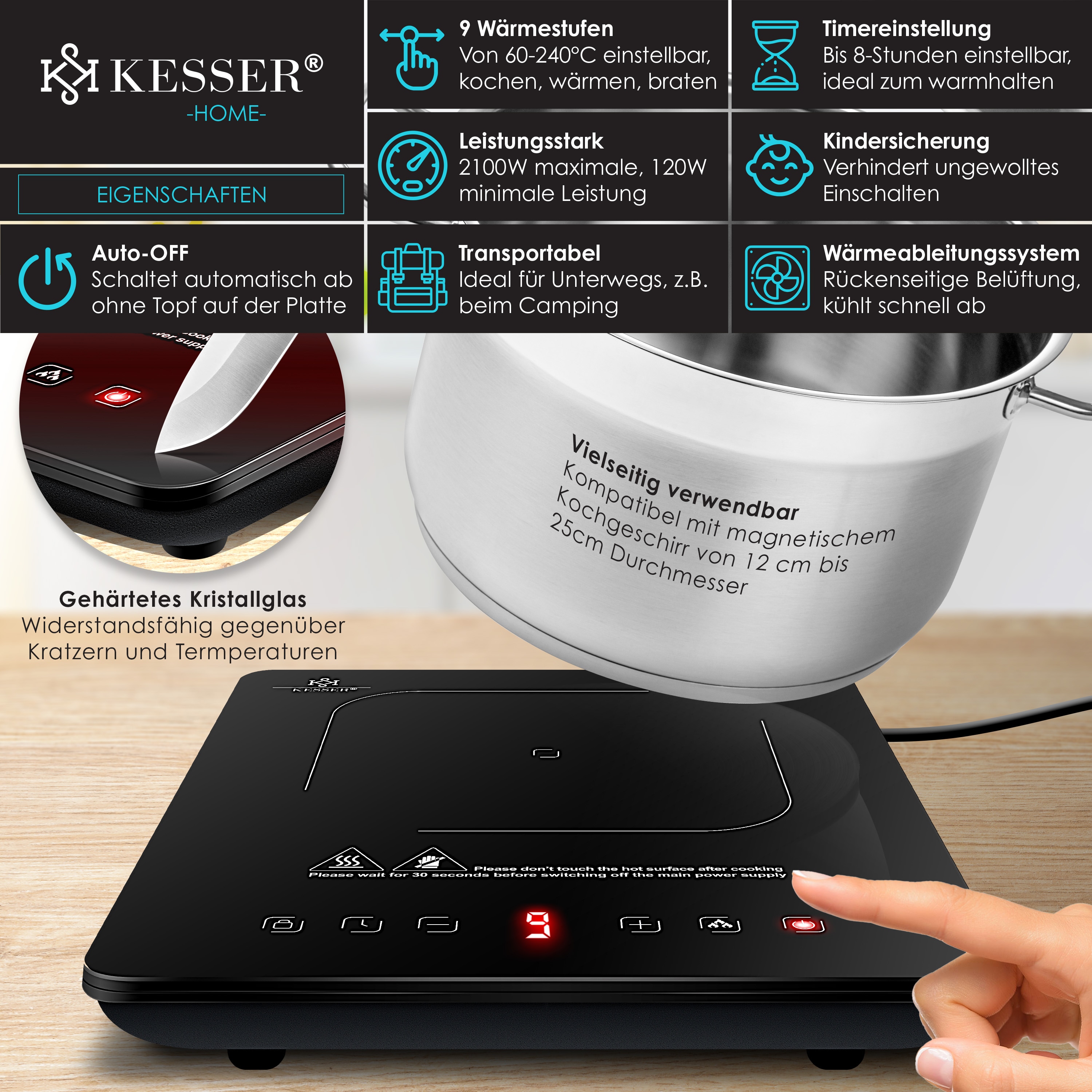 KESSER® Induktionskochplatte Induktionskochfeld Tragbare 28cm Kochplatte + 3x Mikrofasertuch + 1x Rezeptbuch, Heizstufen, Stunden-Timer, Touch-Steuerung, Booster-Funktion 220-240V bei Marktkauf online bestellen
