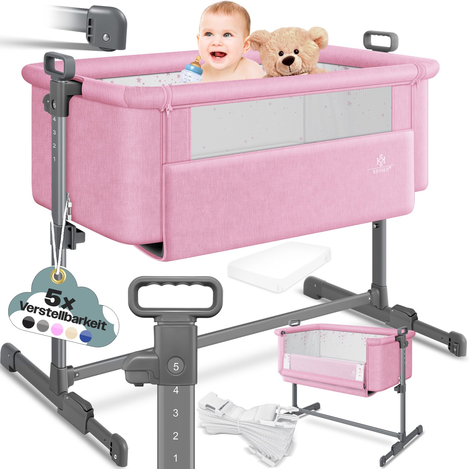 KESSER&reg; Zustellbett Hubi 3in1 Baby Beistellbett Reisebett Babybett mit weich Matratze, mit Rollen Kinderbett, 5-fach H&ouml;henverstellung, Faltbare Seitenwand f&uuml;r zu Hause und unterwegs 