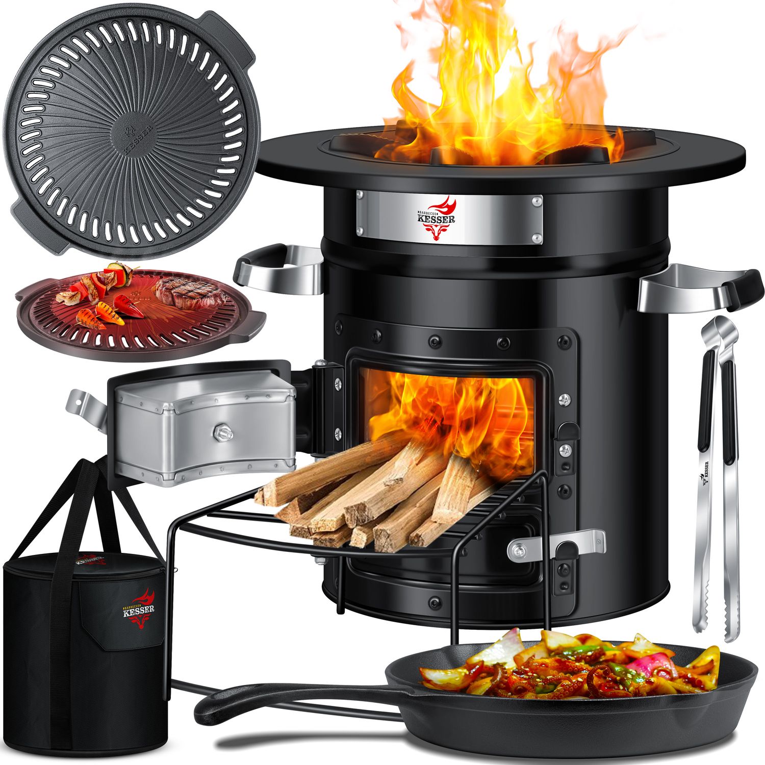KESSER&reg; Raketenofen Inkl. Grillpfanne aus Gusseisen mit Tragetasche, Dutch Oven BBQ Rakete Holzofen Camping Campingkocher Campinggrill, Edelstahl 
