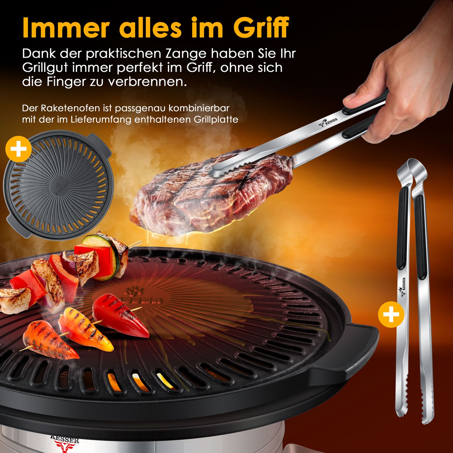 KESSER Raketoven incl. grillpan van gietijzer, grillplaat, grilltang & draagtas, Dutch Oven BBQ raket houtkachel camping outdoor campinggrill roestvrij staal grijs