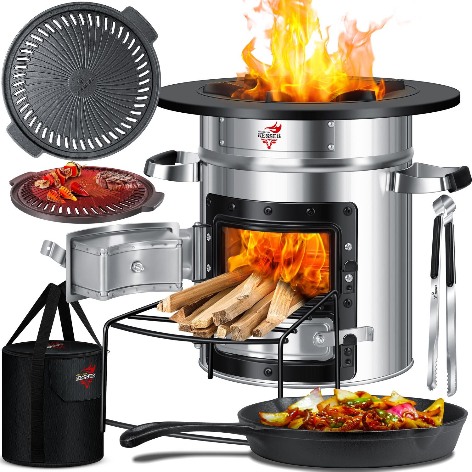 ® Raketenofen Inkl. Grillpfanne aus Gusseisen mit Tragetasche, Dutch Oven BBQ Rakete Holzofen Camping Campingkocher Campinggrill, Edelstahl
