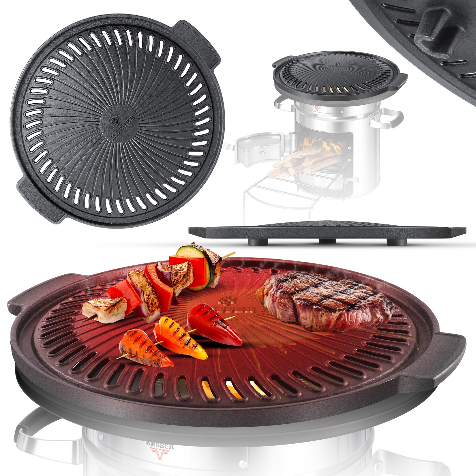 ® Raketenofen Inkl. Grillpfanne aus Gusseisen mit Tragetasche, Dutch Oven BBQ Rakete Holzofen Camping Campingkocher Campinggrill, Edelstahl