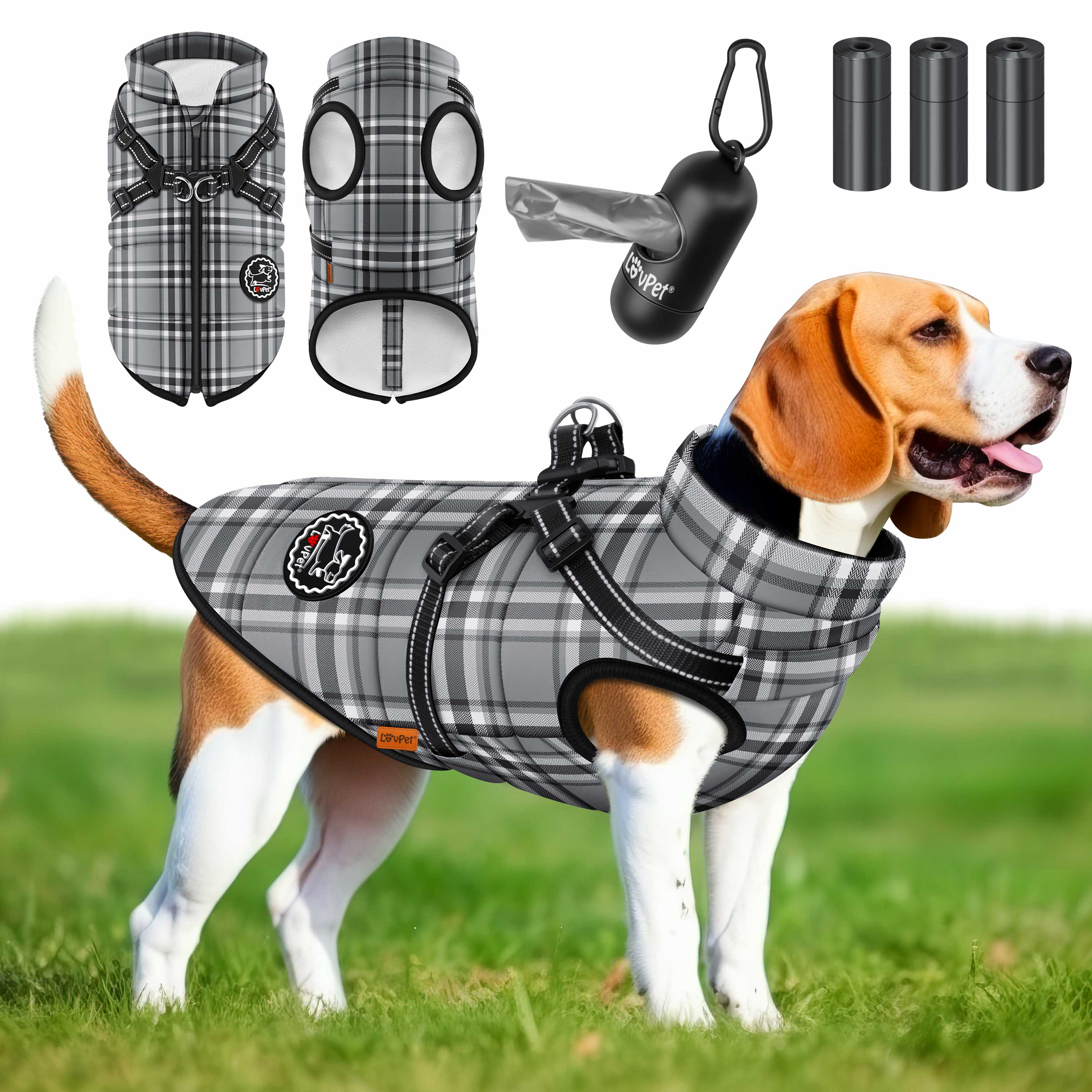 LOVPET&reg; Hundejacke Hundemantel mit Geschirr, inkl. 45 St&uuml;ck Kotbeutel + Spender, Hunde Winterweste gef&uuml;ttert wasserdicht, Gepolsterte Weste Mit Brustgurt, Reflektoren, D-Ring 