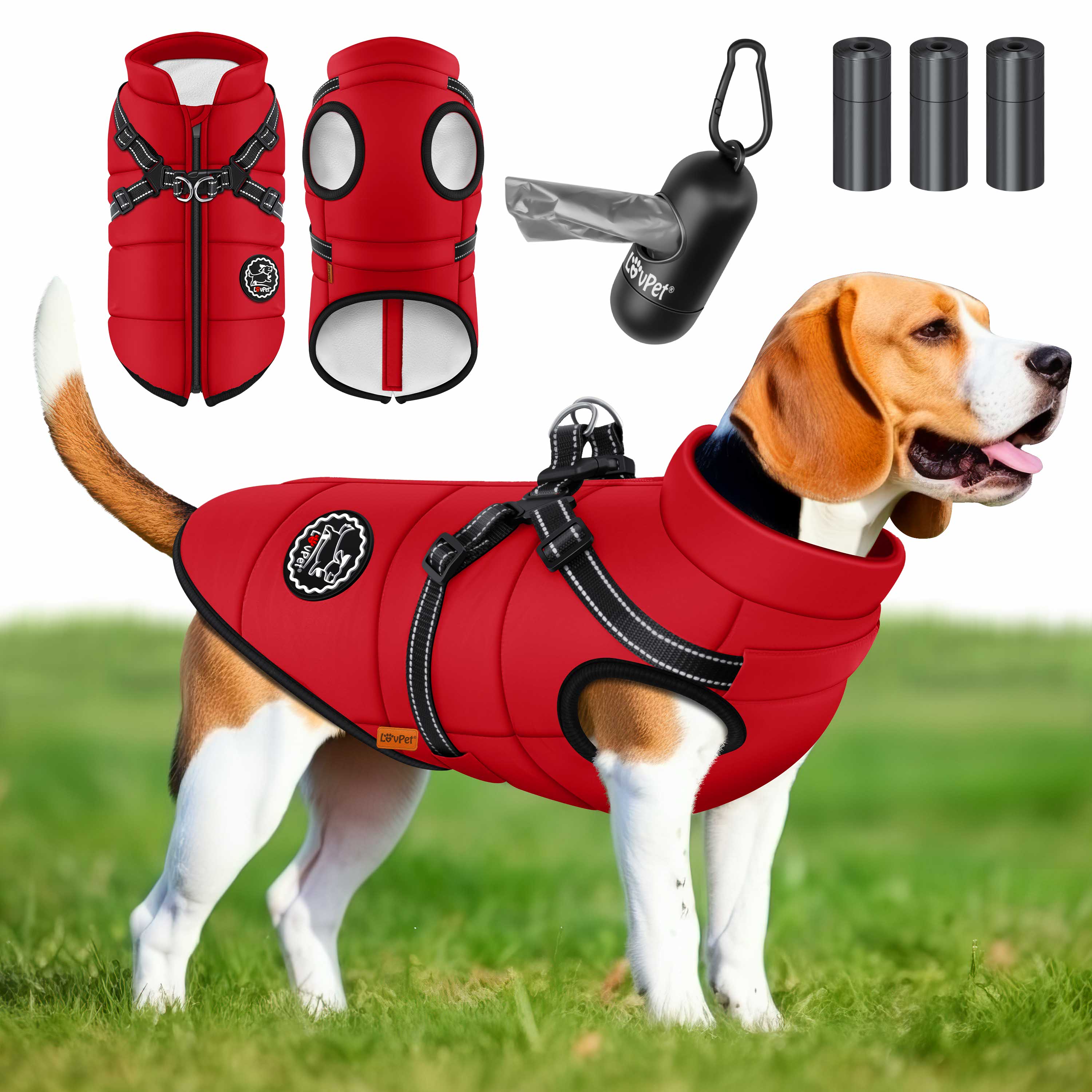 LOVPET&reg; Hundejacke Hundemantel mit Geschirr, inkl. 45 St&uuml;ck Kotbeutel + Spender, Hunde Winterweste gef&uuml;ttert wasserdicht, Gepolsterte Weste Mit Brustgurt, Reflektoren, D-Ring 