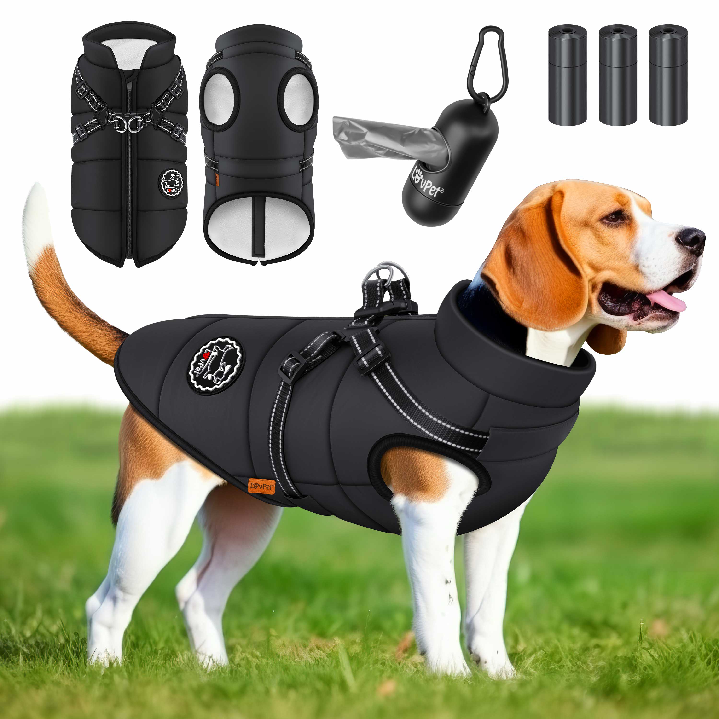 LOVPET&reg; Hundejacke Hundemantel mit Geschirr, inkl. 45 St&uuml;ck Kotbeutel + Spender, Hunde Winterweste gef&uuml;ttert wasserdicht, Gepolsterte Weste Mit Brustgurt, Reflektoren, D-Ring 