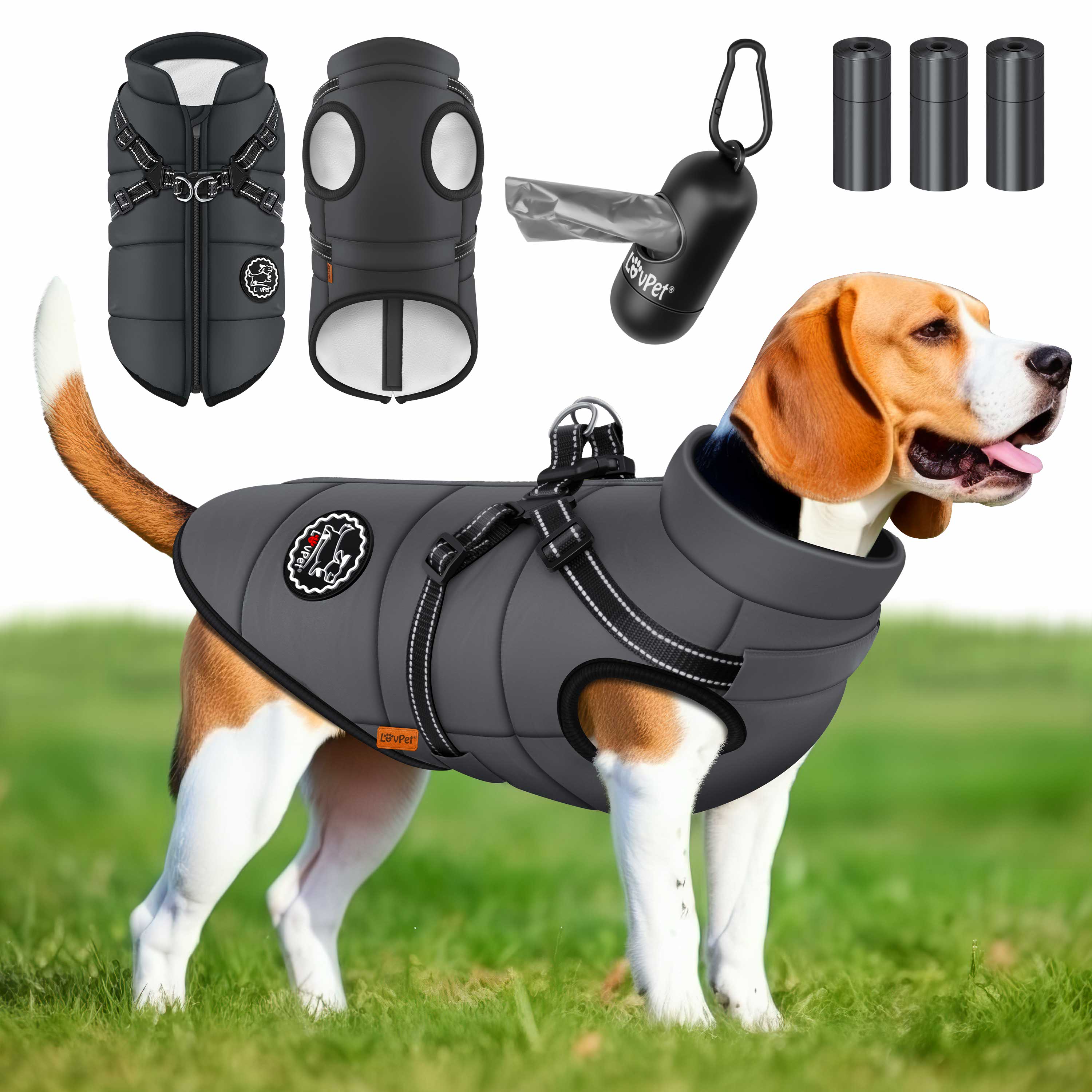 LOVPET&reg; Hundejacke Hundemantel mit Geschirr, inkl. 45 St&uuml;ck Kotbeutel + Spender, Hunde Winterweste gef&uuml;ttert wasserdicht, Gepolsterte Weste Mit Brustgurt, Reflektoren, D-Ring 
