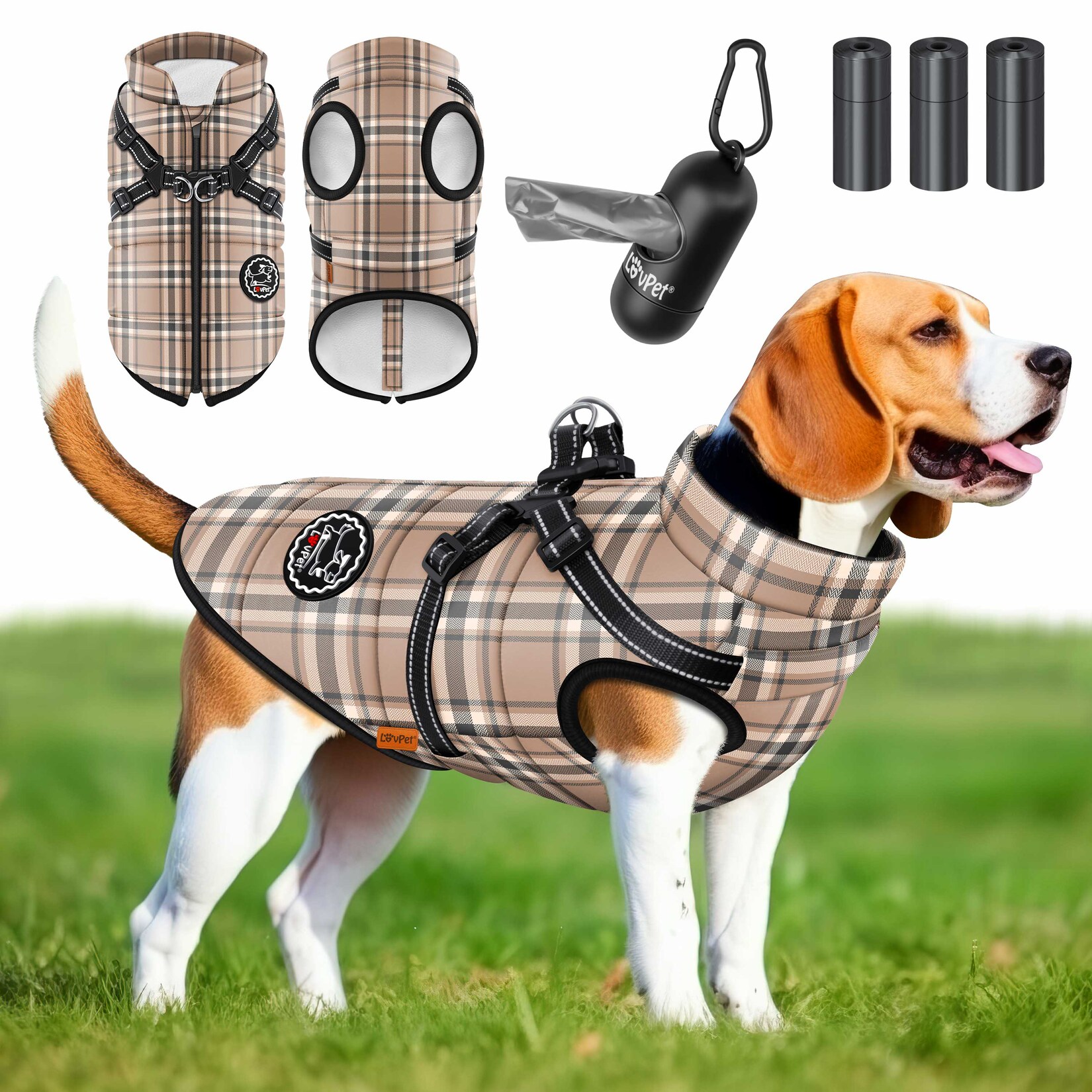® Hundejacke Hundemantel mit Geschirr, inkl.  Kotbeutel + Spender, Hunde Winterweste gefüttert wasserdicht, Gepolsterte Weste Mit Brustgurt, Reflektoren, D-Ring