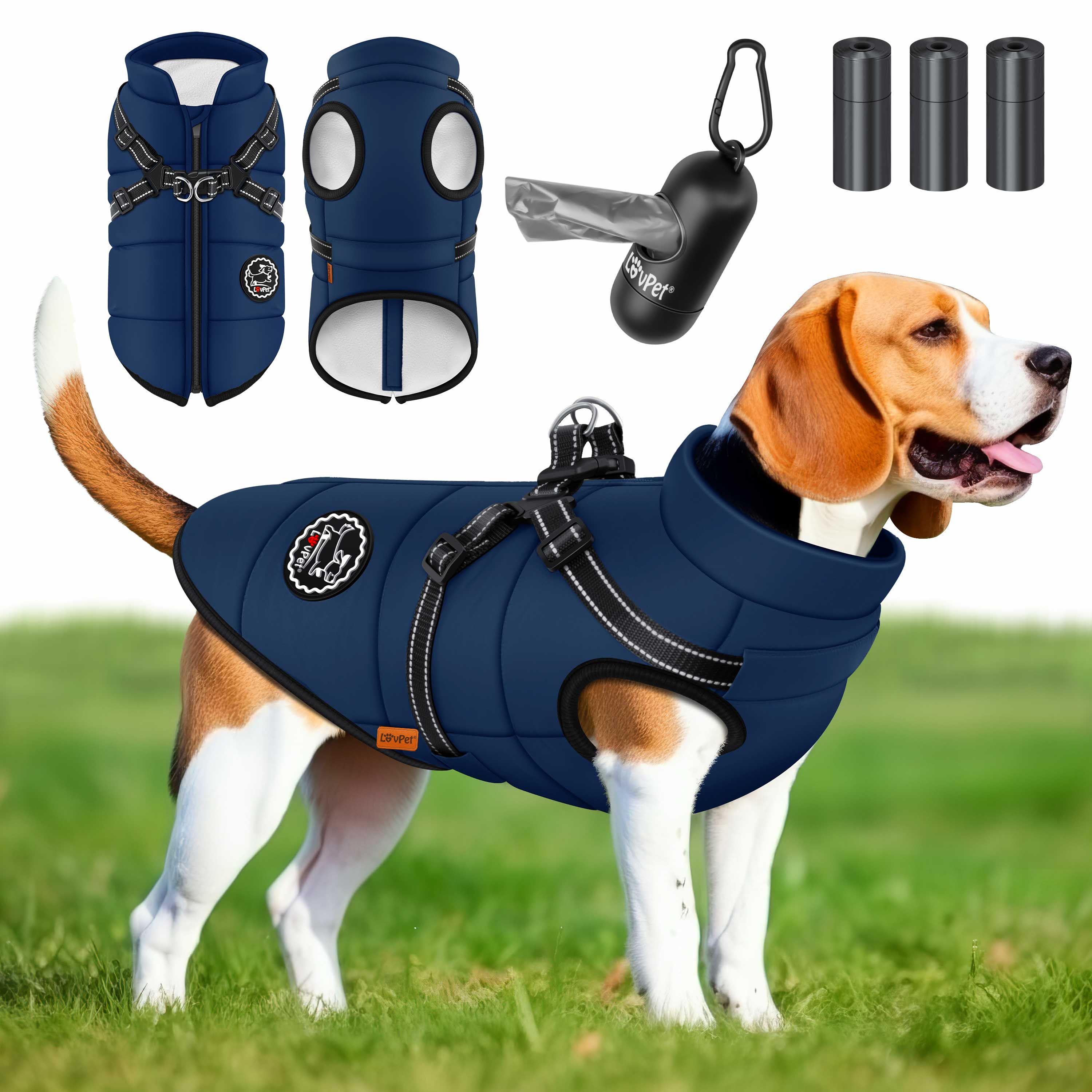 LOVPET&reg; Hundejacke Hundemantel mit Geschirr, inkl. 45 St&uuml;ck Kotbeutel + Spender, Hunde Winterweste gef&uuml;ttert wasserdicht, Gepolsterte Weste Mit Brustgurt, Reflektoren, D-Ring 