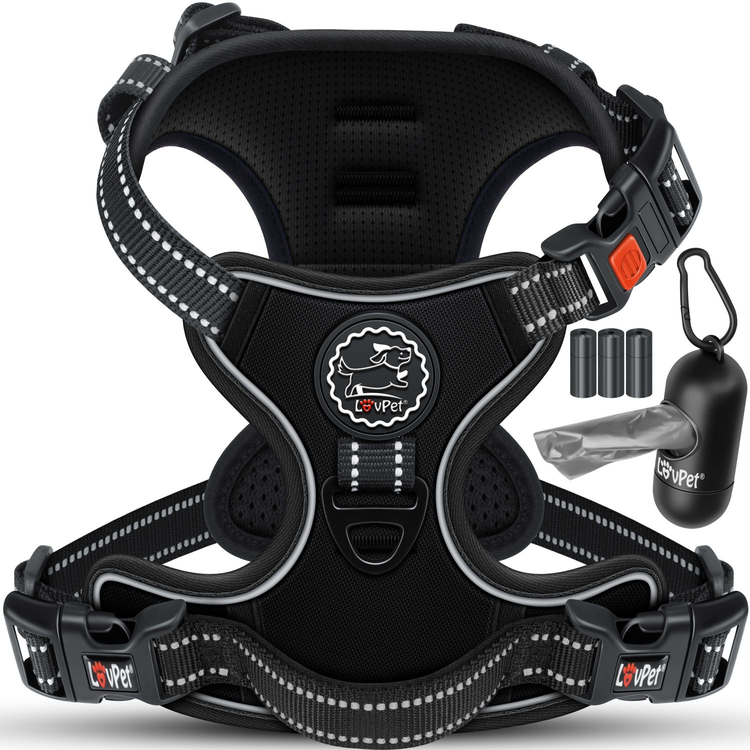 Lovpet&reg; Hundegeschirr ohne Zug & w&uuml;rgen f&uuml;r Hunde & Welpen | atmungsaktiv & weich Brustgeschirr reflektierend | No-Pull-Geschirr inkl. Beutelrollen | Verstellbares Geschirr mit Griff 