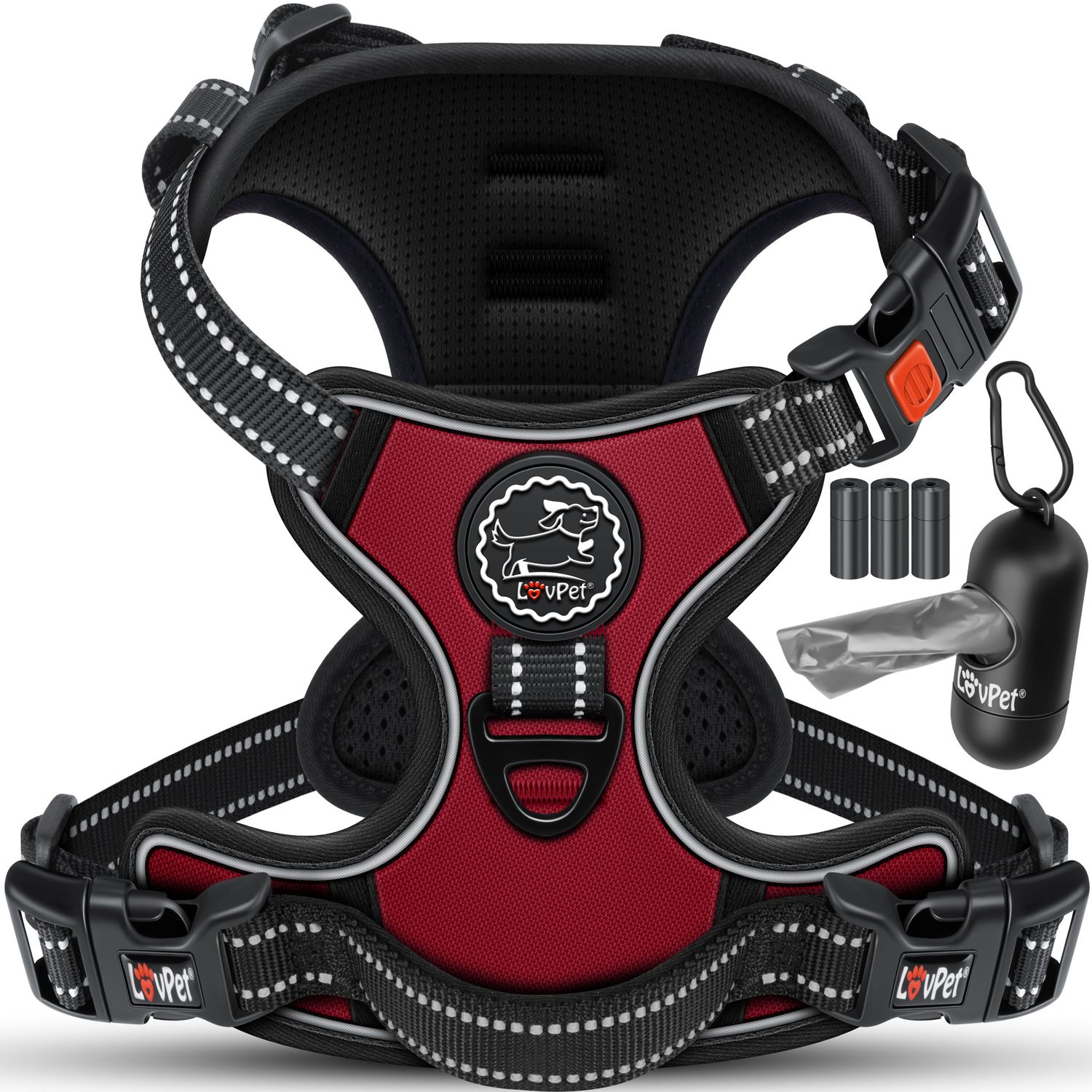 Lovpet&reg; Hundegeschirr ohne Zug & w&uuml;rgen f&uuml;r Hunde & Welpen | atmungsaktiv & weich Brustgeschirr reflektierend | No-Pull-Geschirr inkl. Beutelrollen | Verstellbares Geschirr mit Griff 