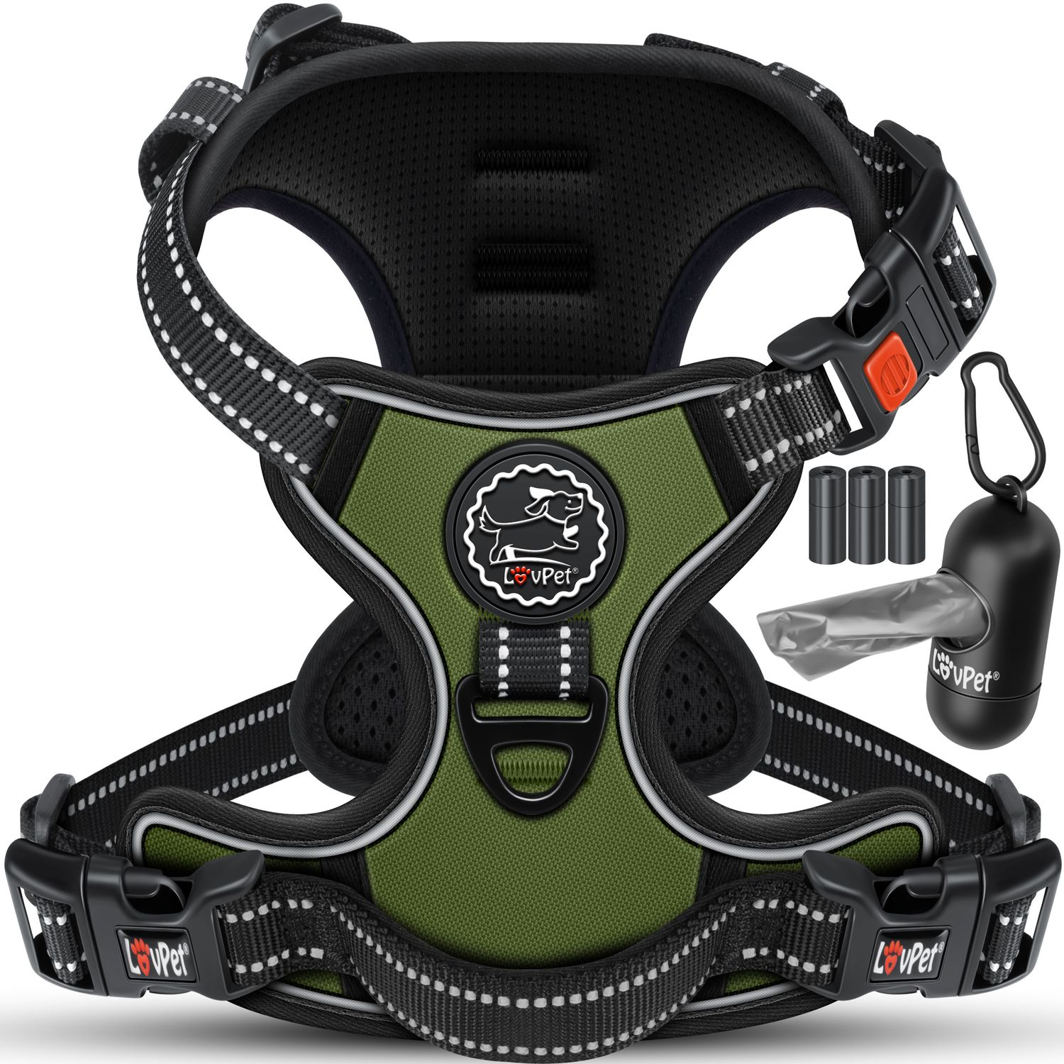 Lovpet&reg; Hundegeschirr ohne Zug & w&uuml;rgen f&uuml;r Hunde & Welpen | atmungsaktiv & weich Brustgeschirr reflektierend | No-Pull-Geschirr inkl. Beutelrollen | Verstellbares Geschirr mit Griff 