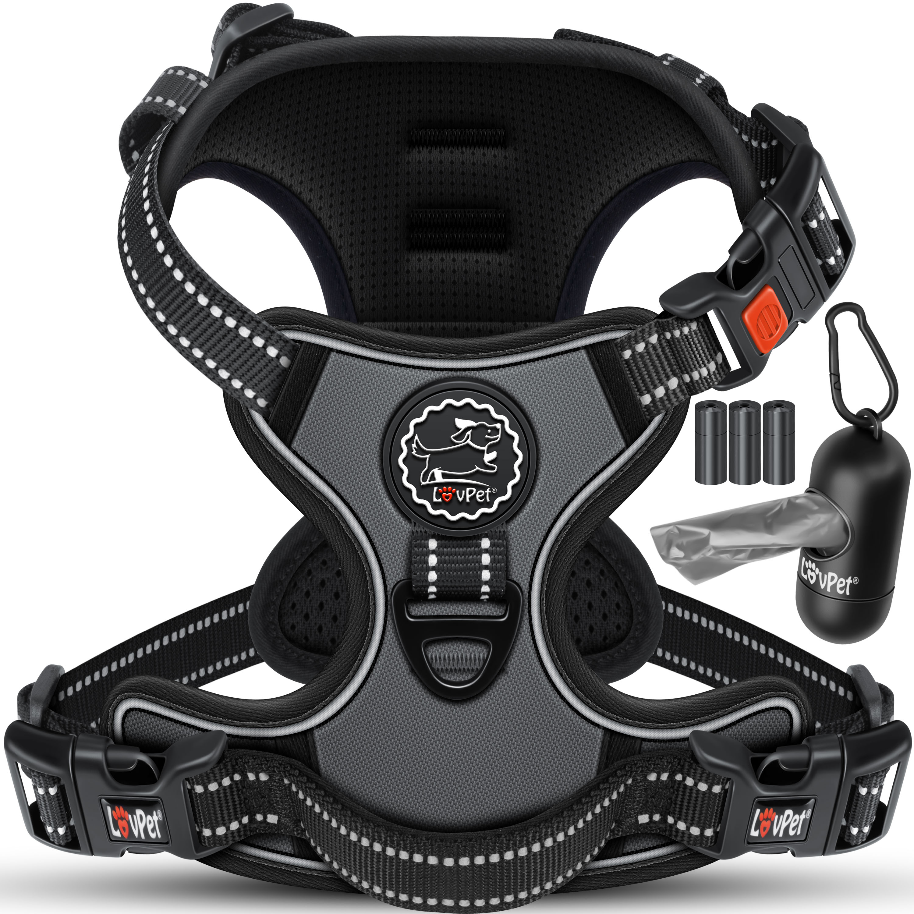 Lovpet&reg; Hundegeschirr ohne Zug & w&uuml;rgen f&uuml;r Hunde & Welpen | atmungsaktiv & weich Brustgeschirr reflektierend | No-Pull-Geschirr inkl. Beutelrollen | Verstellbares Geschirr mit Griff 