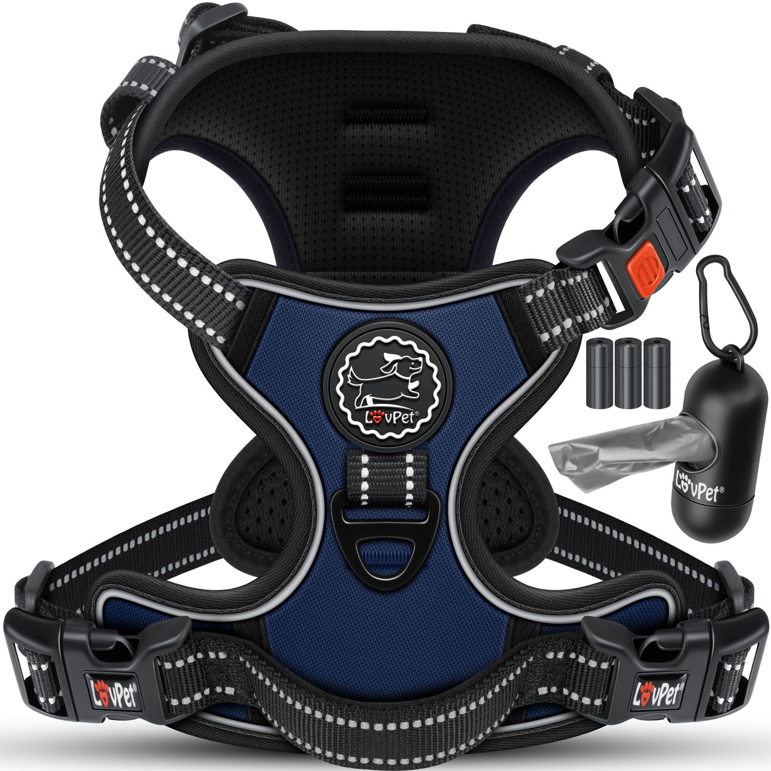 Lovpet&reg; Hundegeschirr ohne Zug & w&uuml;rgen f&uuml;r Hunde & Welpen | atmungsaktiv & weich Brustgeschirr reflektierend | No-Pull-Geschirr inkl. Beutelrollen | Verstellbares Geschirr mit Griff 