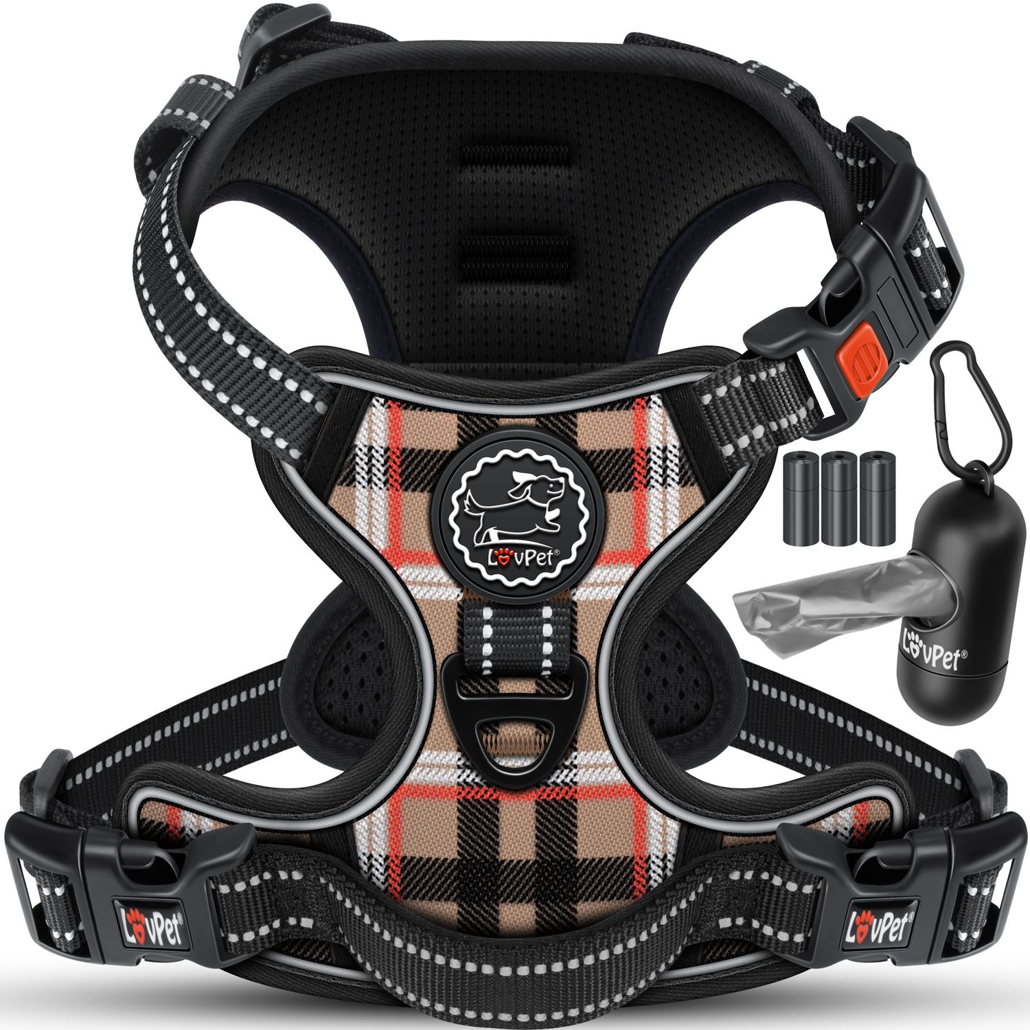 Lovpet&reg; Hundegeschirr ohne Zug & w&uuml;rgen f&uuml;r Hunde & Welpen | atmungsaktiv & weich Brustgeschirr reflektierend | No-Pull-Geschirr inkl. Beutelrollen | Verstellbares Geschirr mit Griff 