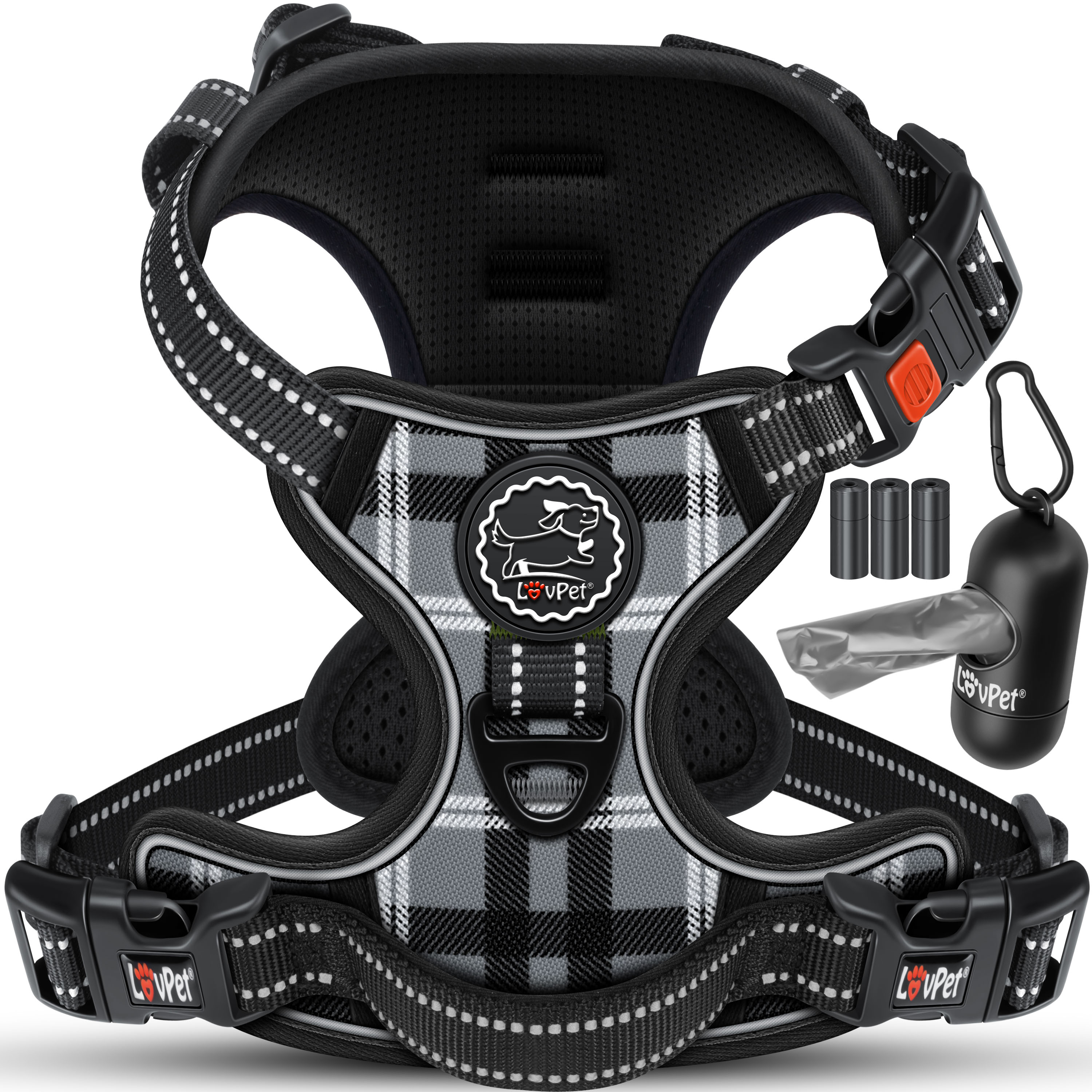 Lovpet&reg; Hundegeschirr ohne Zug & w&uuml;rgen f&uuml;r Hunde & Welpen | atmungsaktiv & weich Brustgeschirr reflektierend | No-Pull-Geschirr inkl. Beutelrollen | Verstellbares Geschirr mit Griff 