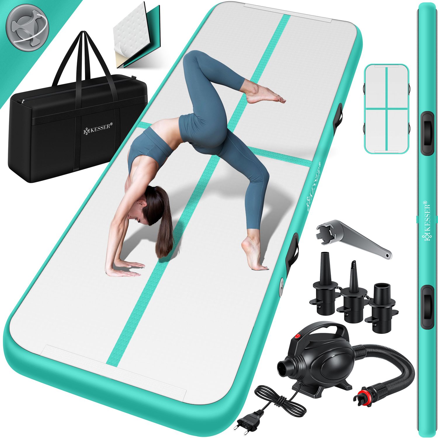 KESSER&reg; Turnmatte Aufblasbar Airtrack 2m/3m/4m/5m/6m Fitness-Matte Gymnastikmatte | inkl. Tragetasche & elektr. Luftpumpe | Yogamatte, Tumbling Matten, Trainingsmatte, Turn- & Fitness 