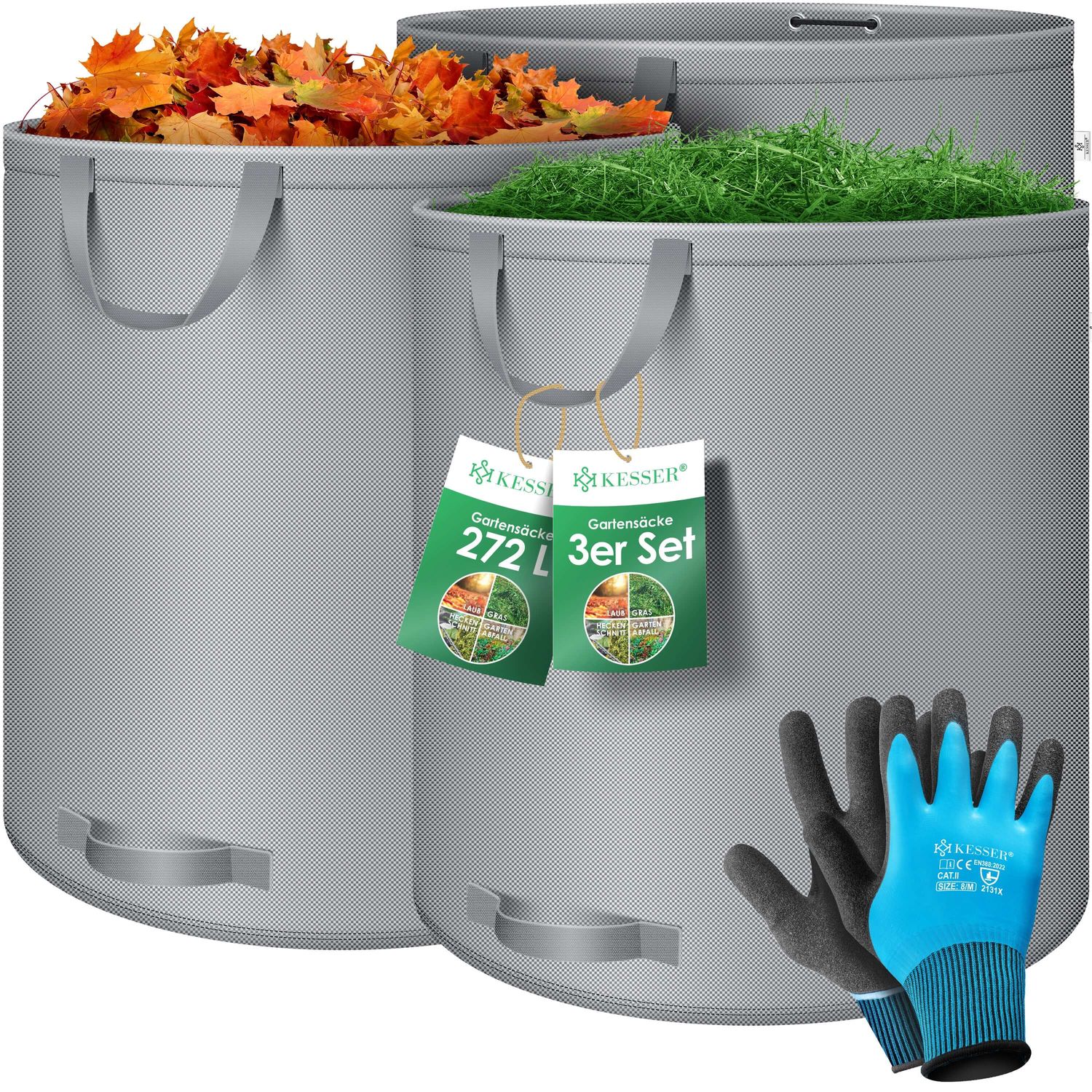 KESSER&reg; Gartensack Set Laubsack Gartenabfallsack inkl. Handschuhe - Selbststehend 4 Griffe Stabil Robust & Faltbar - Laubs&auml;cke Rasenschnitt Gartens&auml;cke f&uuml;r Gartenabf&auml;lle Gr&uuml;nschnitt 