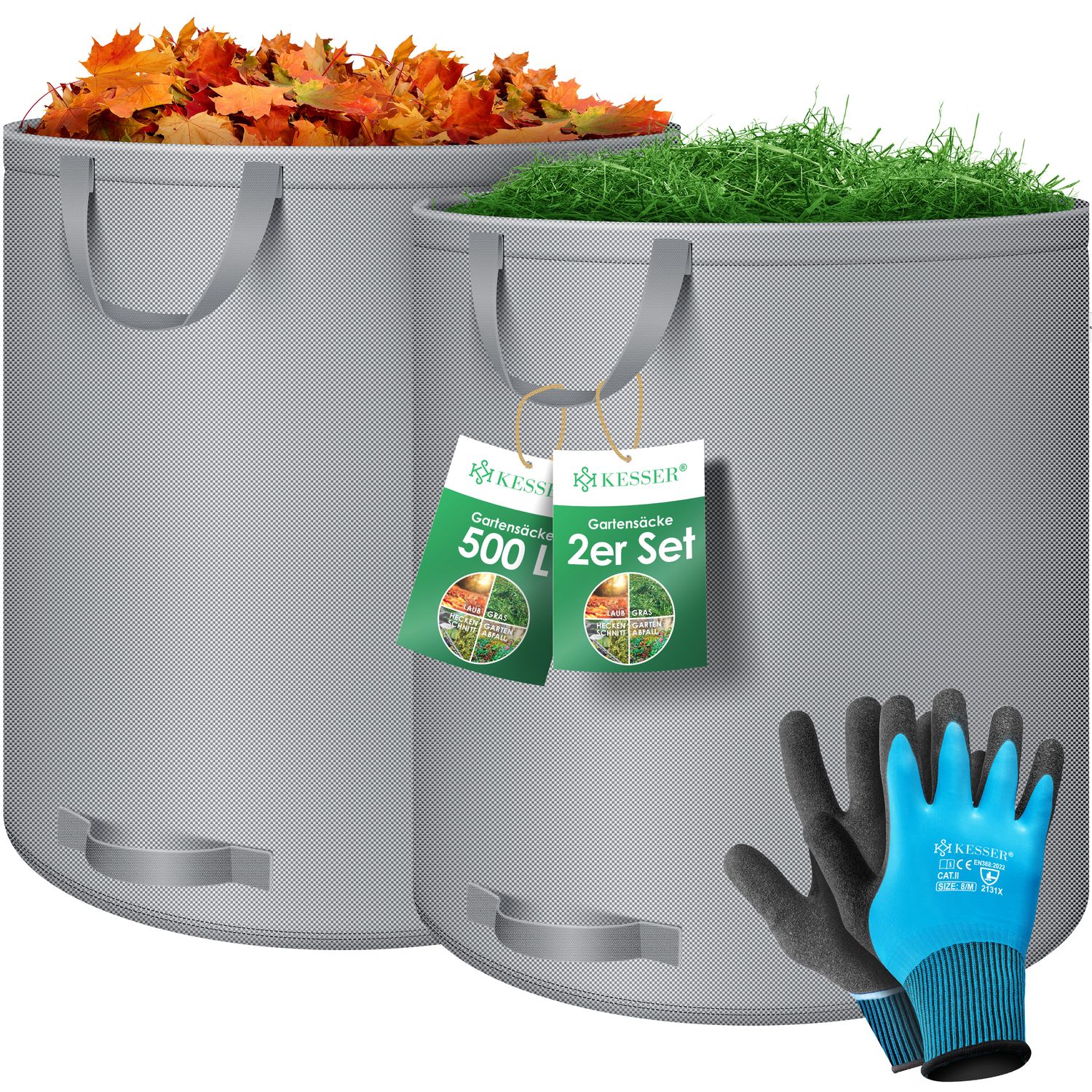 KESSER&reg; Gartensack Set Laubsack Gartenabfallsack inkl. Handschuhe - Selbststehend 4 Griffe Stabil Robust & Faltbar - Laubs&auml;cke Rasenschnitt Gartens&auml;cke f&uuml;r Gartenabf&auml;lle Gr&uuml;nschnitt 