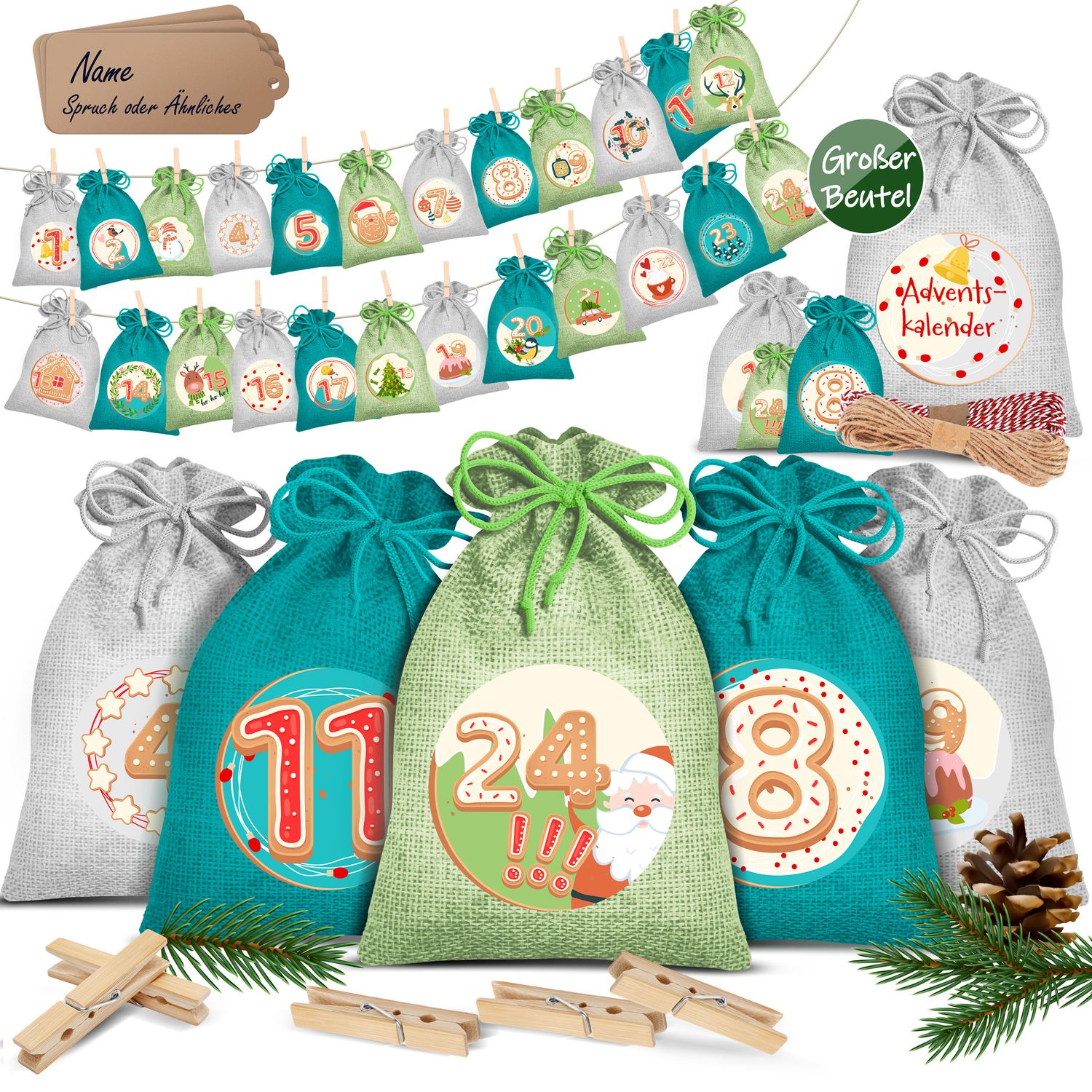 KESSER&reg; Adventskalender zum Bef&uuml;llen 24 Jutebeutel Gedruckte Stoffbeutel Kinder Weihnachtskalender zum Selber Bef&uuml;llen Inkl.. 24x Schildchen + 1 Gro&szlig;er Aufbewahrungsbeutel Stoff 