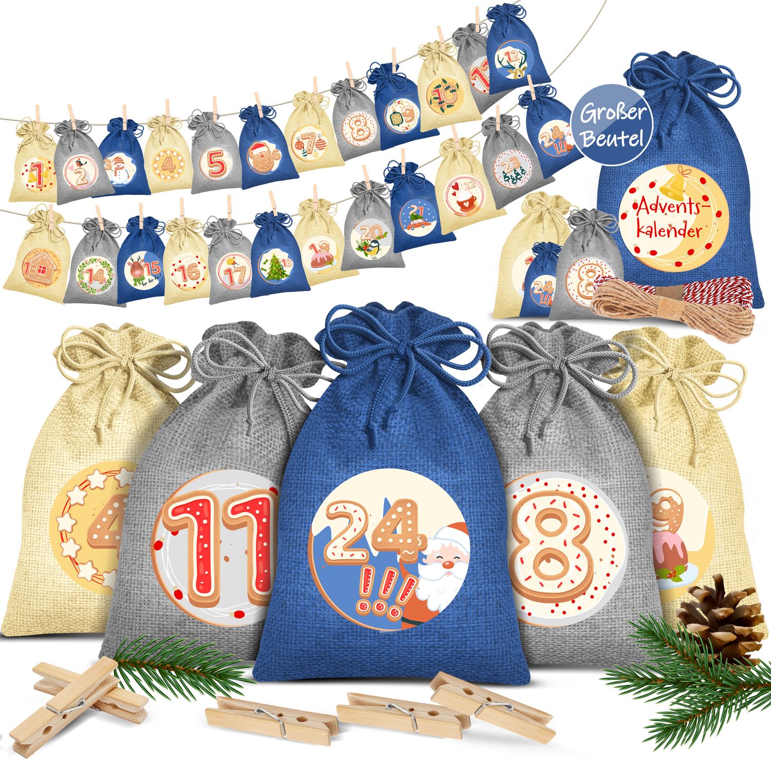 KESSER&reg; Adventskalender zum Bef&uuml;llen 24 Jutebeutel Gedruckte Stoffbeutel Kinder Weihnachtskalender zum Selber Bef&uuml;llen Inkl.. 24x Schildchen + 1 Gro&szlig;er Aufbewahrungsbeutel Stoff 