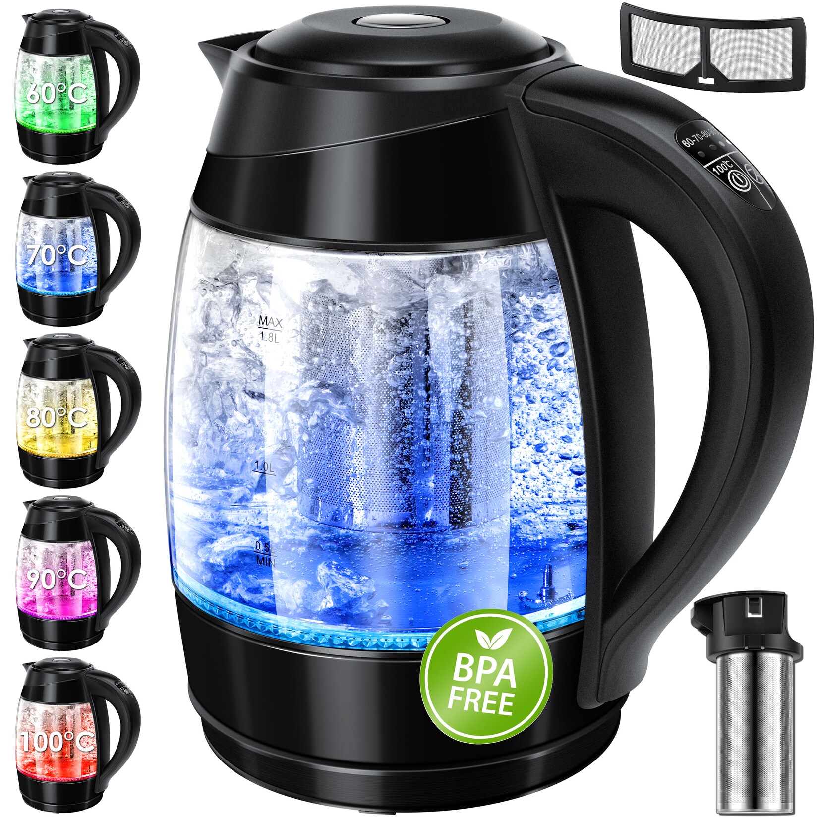 ® Edelstahl Wasserkocher 2200W Glaswasserkocher Warmhaltefunktion