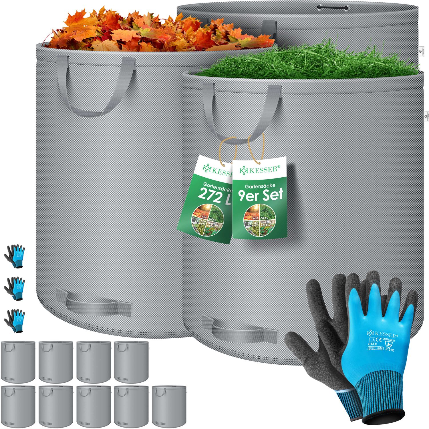 KESSER&reg; Gartensack Set Laubsack Gartenabfallsack inkl. Handschuhe - Selbststehend 4 Griffe Stabil Robust & Faltbar - Laubs&auml;cke Rasenschnitt Gartens&auml;cke f&uuml;r Gartenabf&auml;lle Gr&uuml;nschnitt 