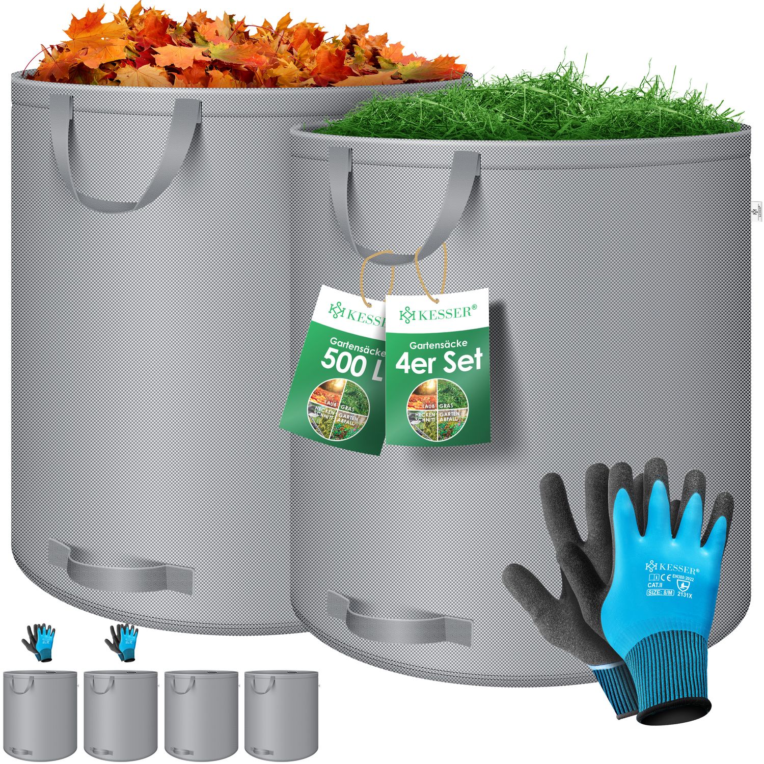 KESSER&reg; Gartensack Set Laubsack Gartenabfallsack inkl. Handschuhe - Selbststehend 4 Griffe Stabil Robust & Faltbar - Laubs&auml;cke Rasenschnitt Gartens&auml;cke f&uuml;r Gartenabf&auml;lle Gr&uuml;nschnitt 