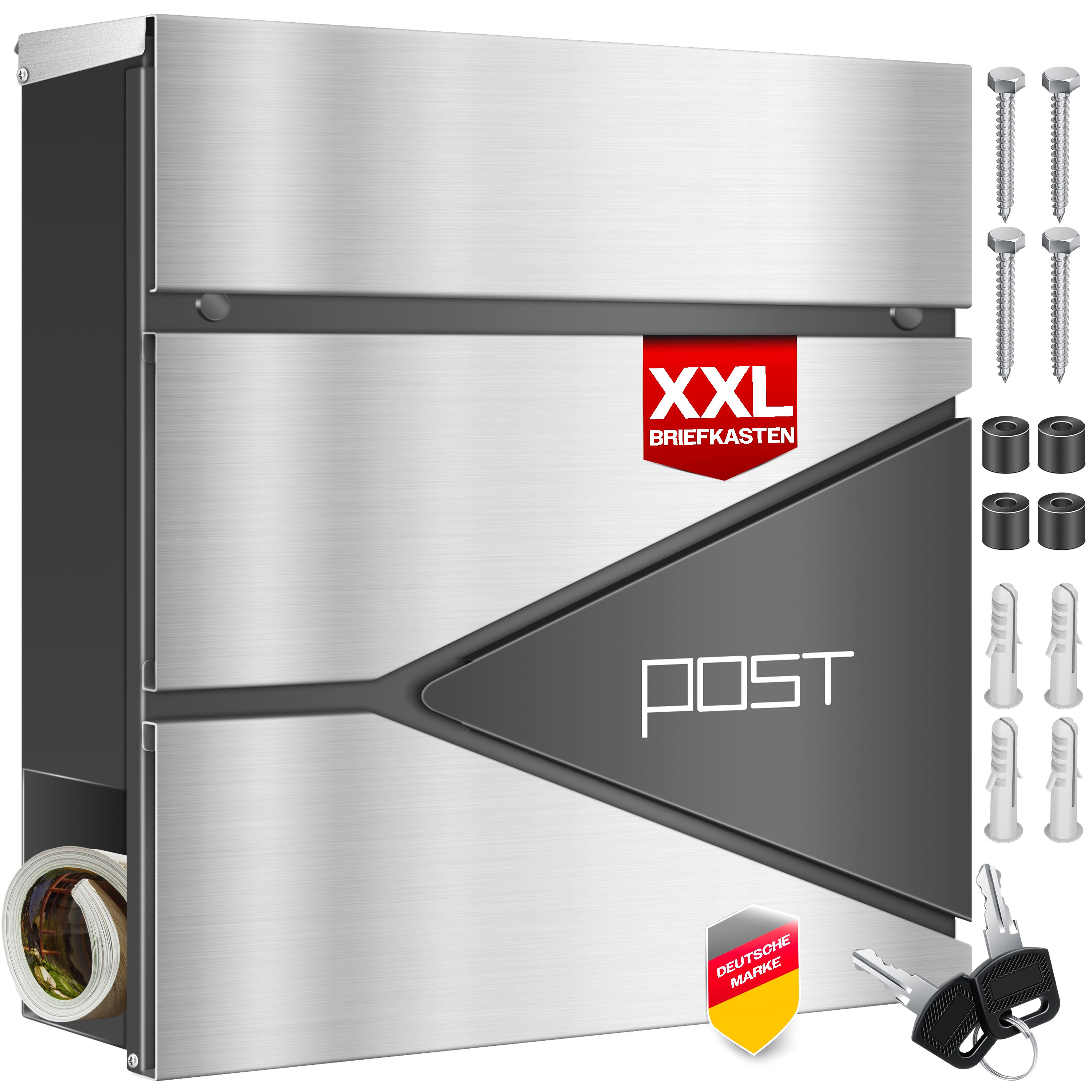 KESSER&reg; Briefkasten mit Zeitungsfach Wandmontage Wandbriefkasten Edelstahl, 2x Schl&uuml;ssel abschlie&szlig;bar, Moderner Postkasten Zeitungsrolle, inkl. Montagematerial,&nbsp;Softclose-Deckel 