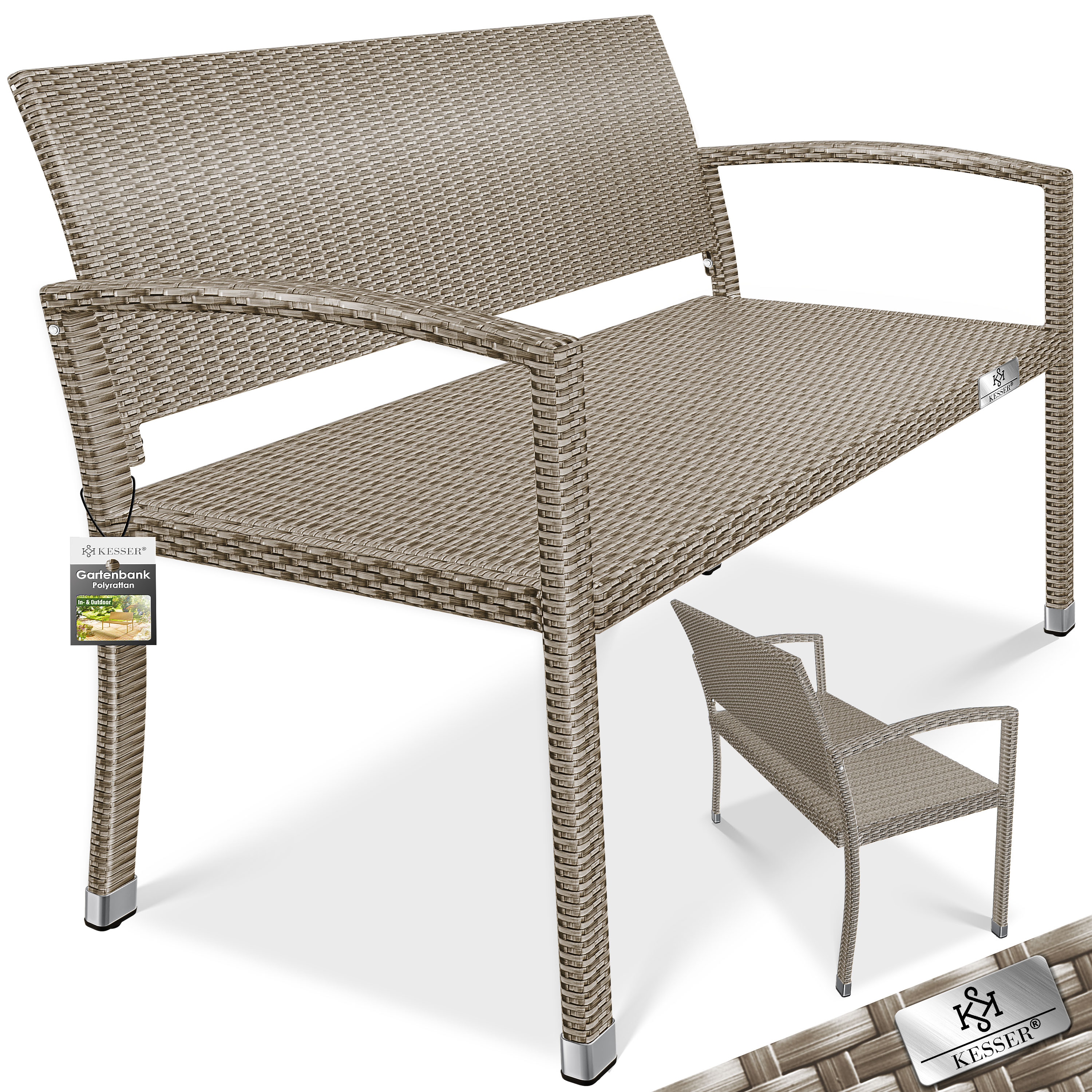 KESSER&reg; Gartenbank Polyrattan 2-Sitzer Wetterfest | Rattan-Sitzbank UV-Best&auml;ndig & bis 320kg belastbar | Balkon-Bank 125x62x90cm | Garten-M&ouml;bel mit ergonomischen Armlehnen | F&uuml;r 2 Personen 