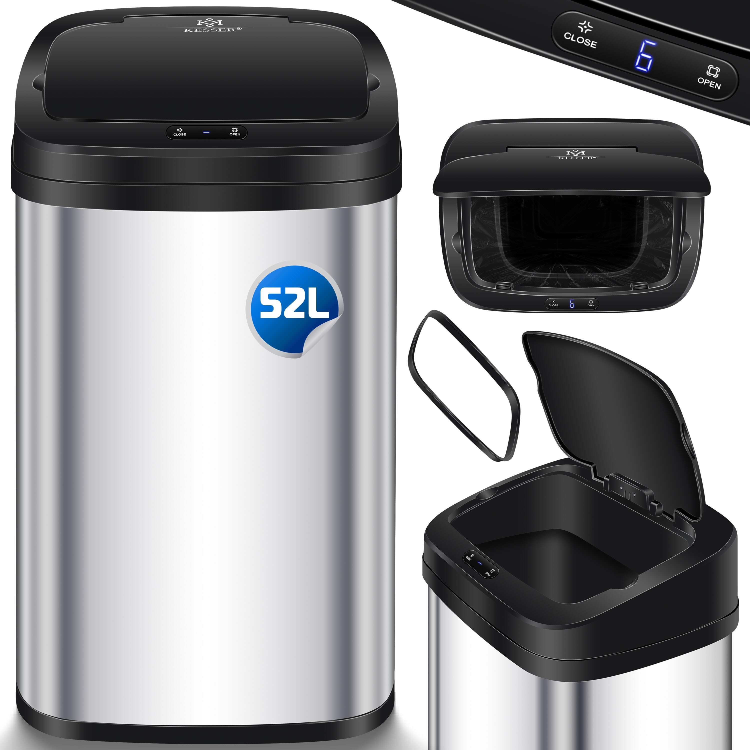 KESSER&reg; Sensor M&uuml;lleimer K&uuml;che | Automatik mit Bewegungssensor Abfalleimer & Soft-Close-Deckel | M&uuml;llbeh&auml;lter mit Touch-Bedienfeld & Sensor | LCD-Display | Edelstahl | inkl. M&uuml;llsackhalter 