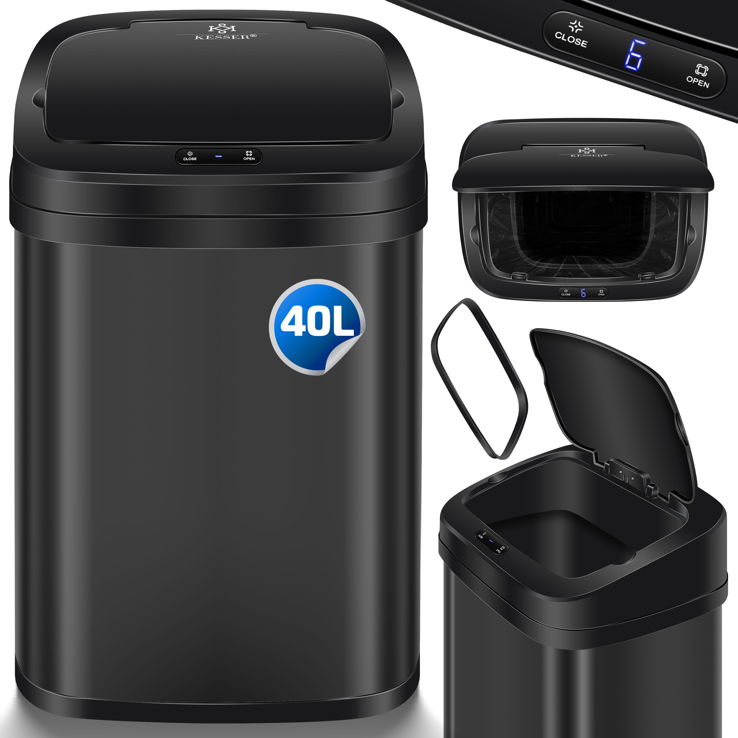 KESSER&reg; Sensor M&uuml;lleimer K&uuml;che | Automatik mit Bewegungssensor Abfalleimer & Soft-Close-Deckel | M&uuml;llbeh&auml;lter mit Touch-Bedienfeld & Sensor | LCD-Display | Edelstahl | inkl. M&uuml;llsackhalter 