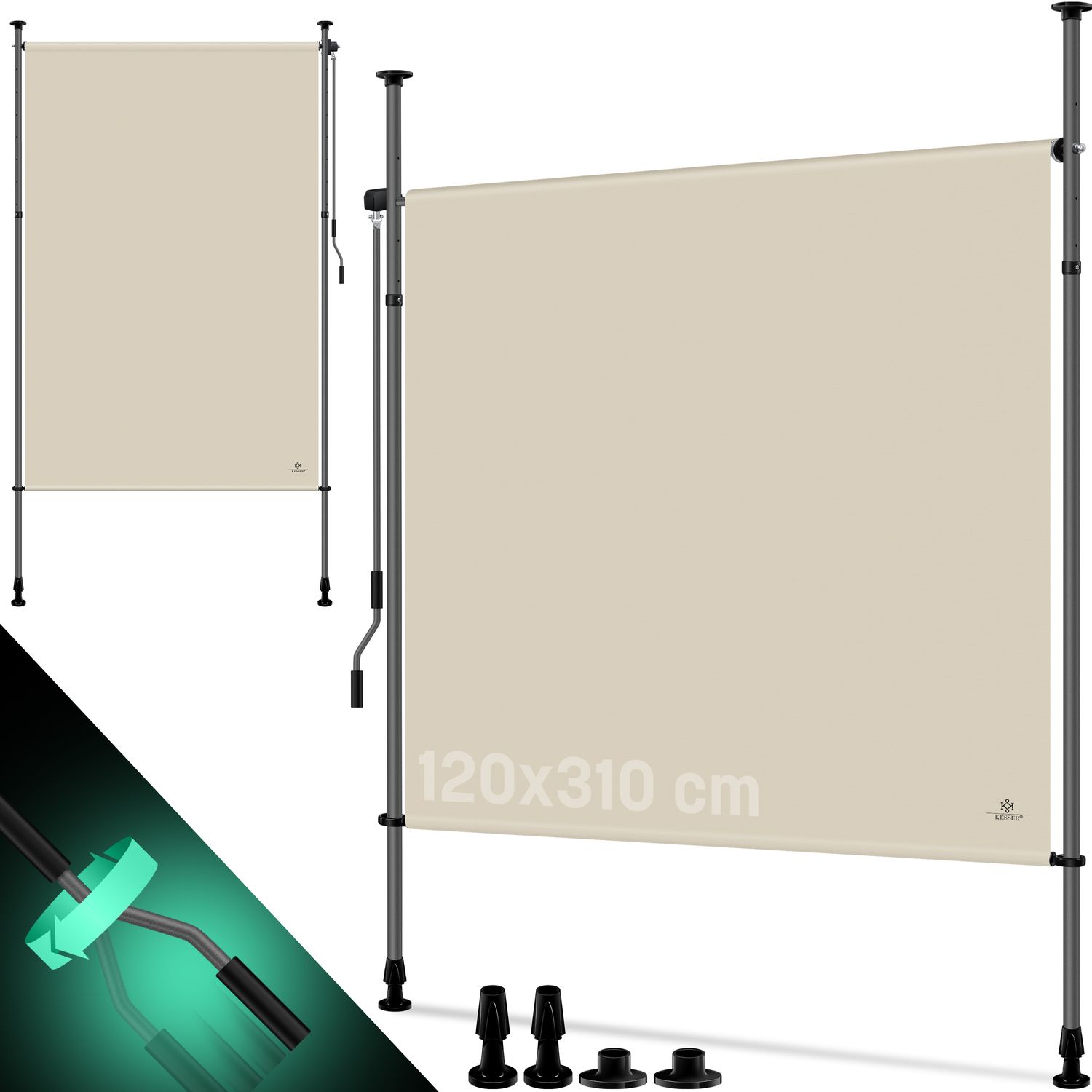 KESSER&reg; Klemmmarkise Senkrechtmarkise au&szlig;en Ausziehbar & Blickdicht | Vertikalmarkise mit Handkurbel ohne Bohren | Balkon-Sichtschutz & Windschutz f&uuml;r Garten & Terrasse Wasserfest 