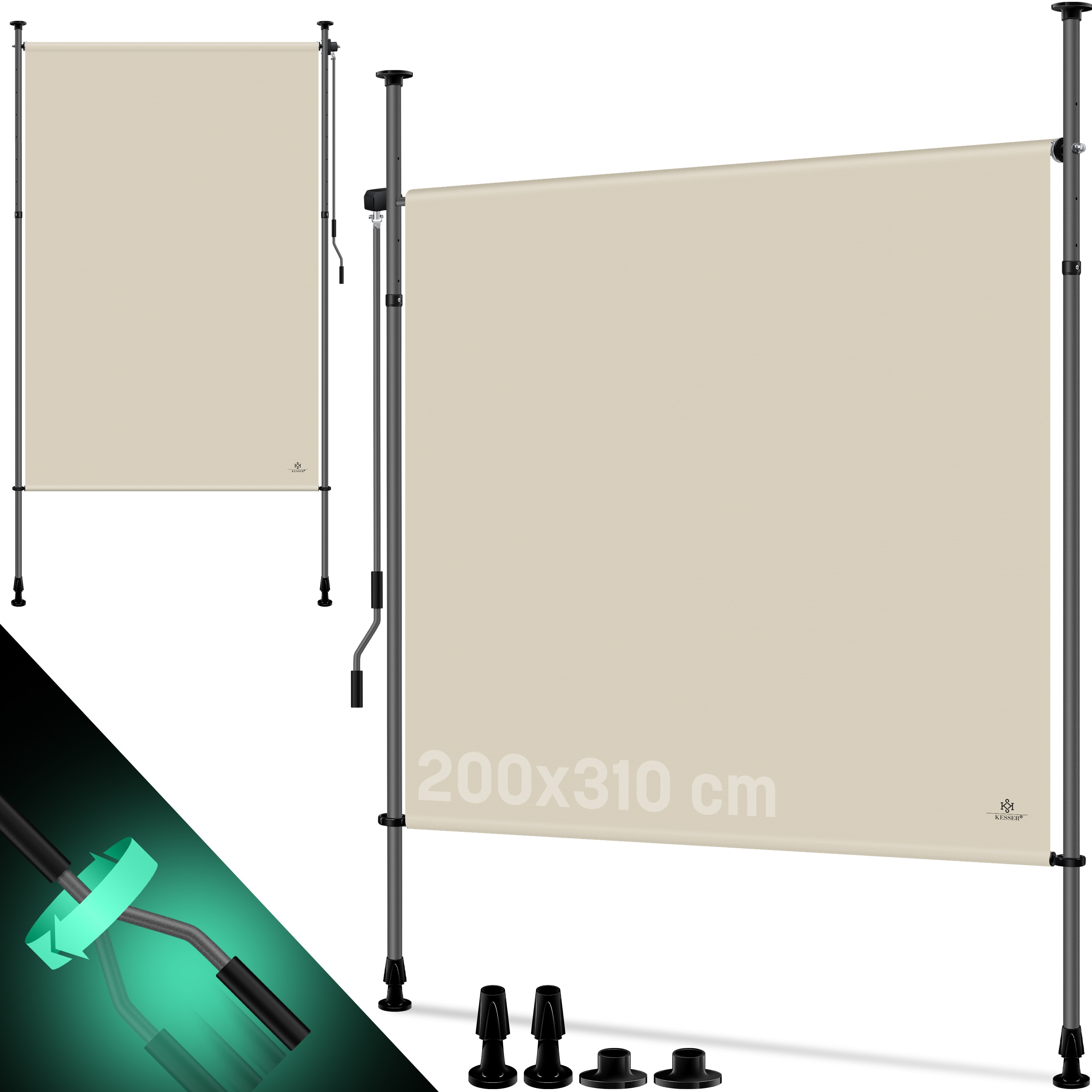 KESSER&reg; Klemmmarkise Senkrechtmarkise au&szlig;en Ausziehbar & Blickdicht | Vertikalmarkise mit Handkurbel ohne Bohren | Balkon-Sichtschutz & Windschutz f&uuml;r Garten & Terrasse Wasserfest 
