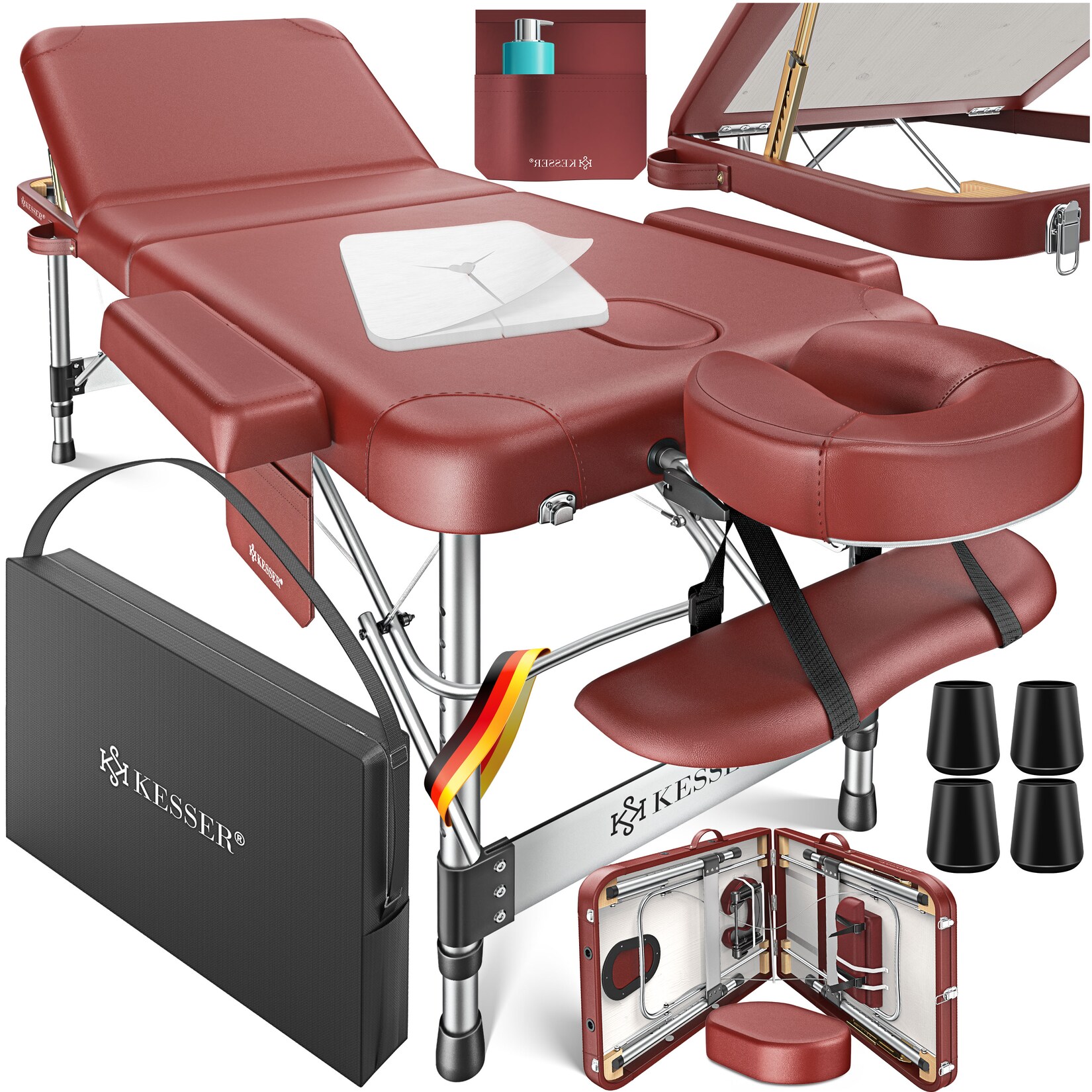 ® Mobile Massageliege klappbar & höhenverstellbar 3 Zonen Massagebett Massagetisch Kosmetikliege Breit Therapieliege Aluminium + 10x Gesichtsauflage mit Kopfstütze Armlehnen & Tasche