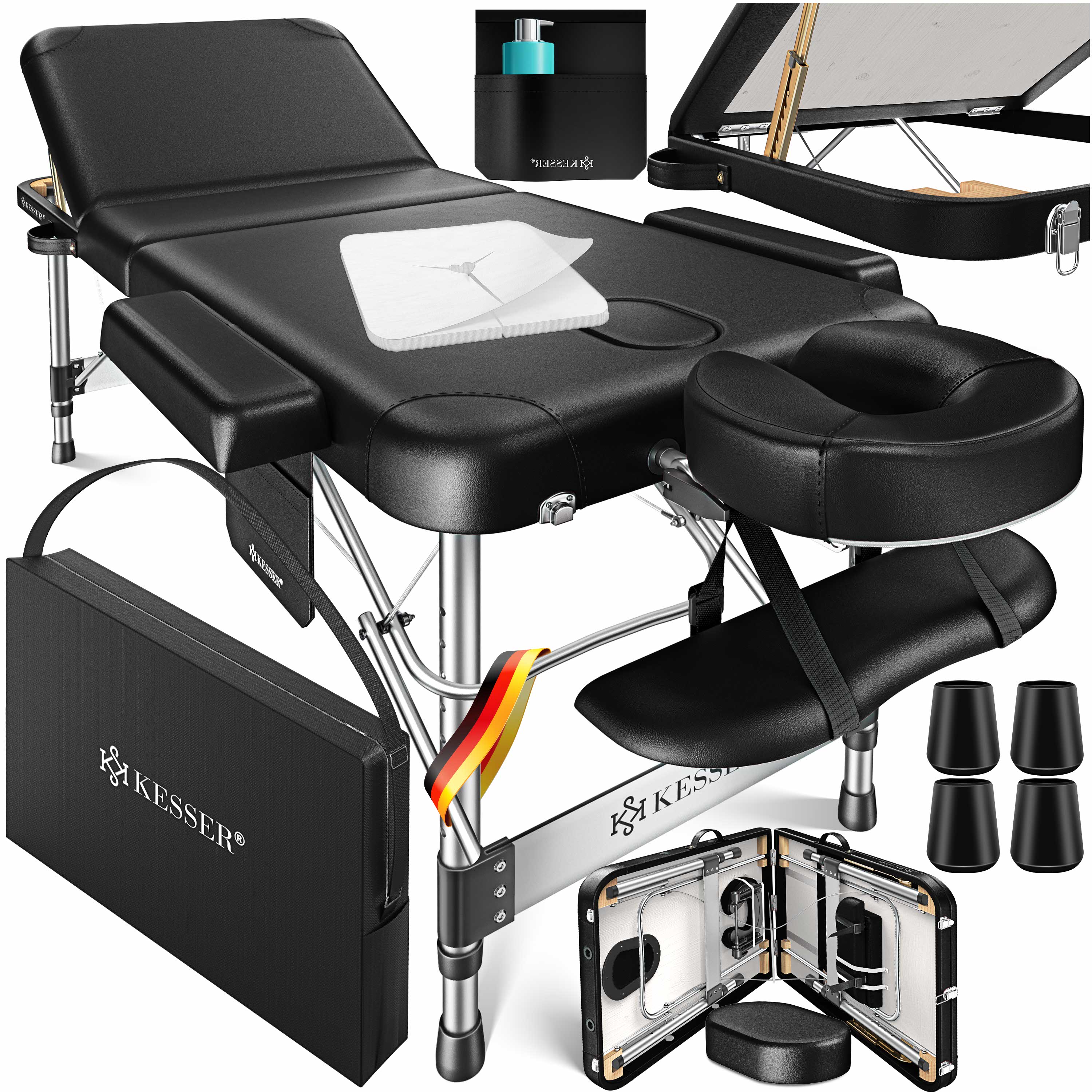 KESSER&reg; Mobile Massageliege klappbar & h&ouml;henverstellbar 3 Zonen Massagebett Massagetisch Kosmetikliege Breit Therapieliege Aluminium + 10x Gesichtsauflage mit Kopfst&uuml;tze Armlehnen & Tasche 