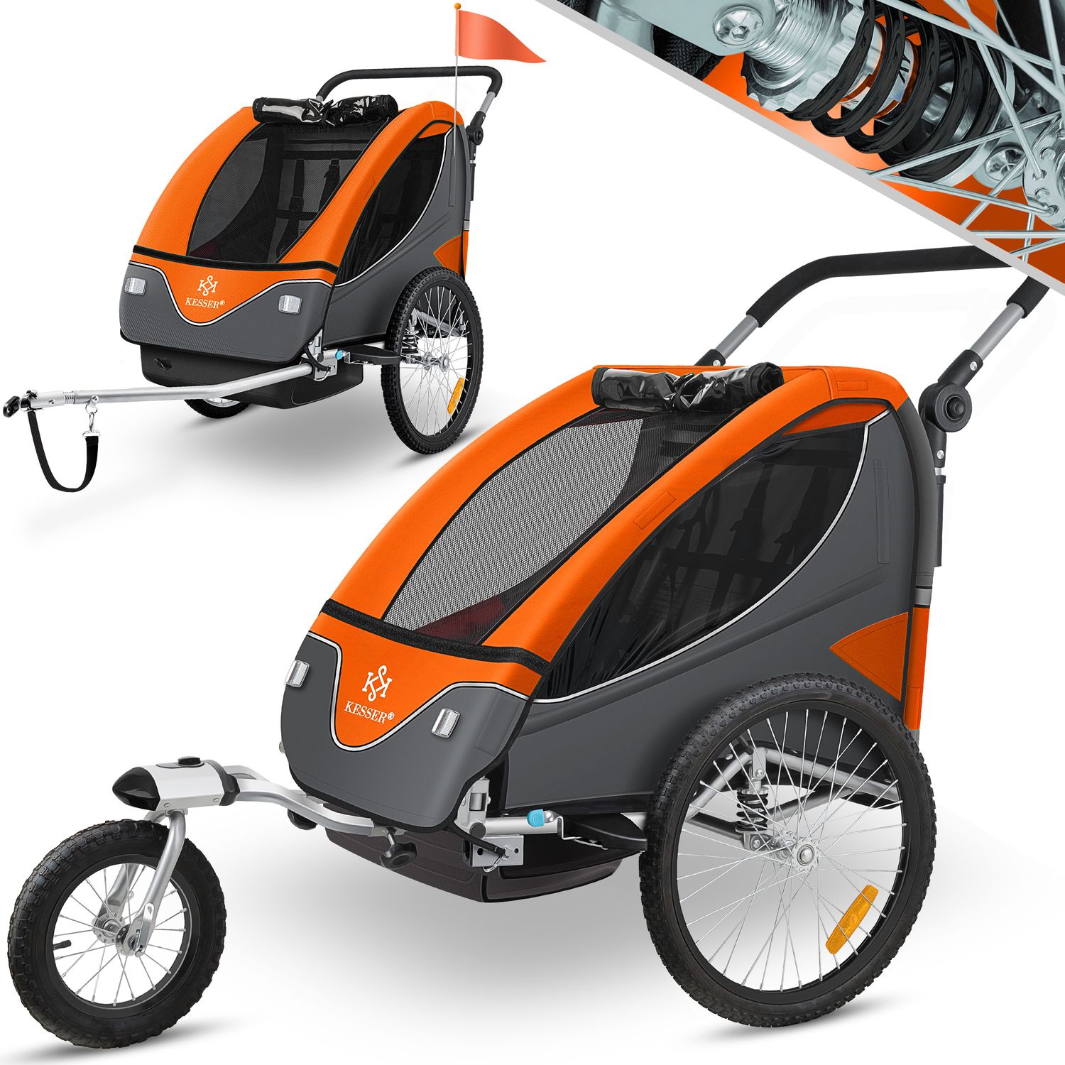 KESSER&reg; Kinderanh&auml;nger Fahrradanh&auml;nger 360&deg; Drehbar mit Federung 2in1 Joggerfunktion Kinderfahrradanh&auml;nger + 5-Punkt Gurt Jogger Fahrrad Anh&auml;nger f&uuml;r 1 bis 2 Kinder max. 40kg 