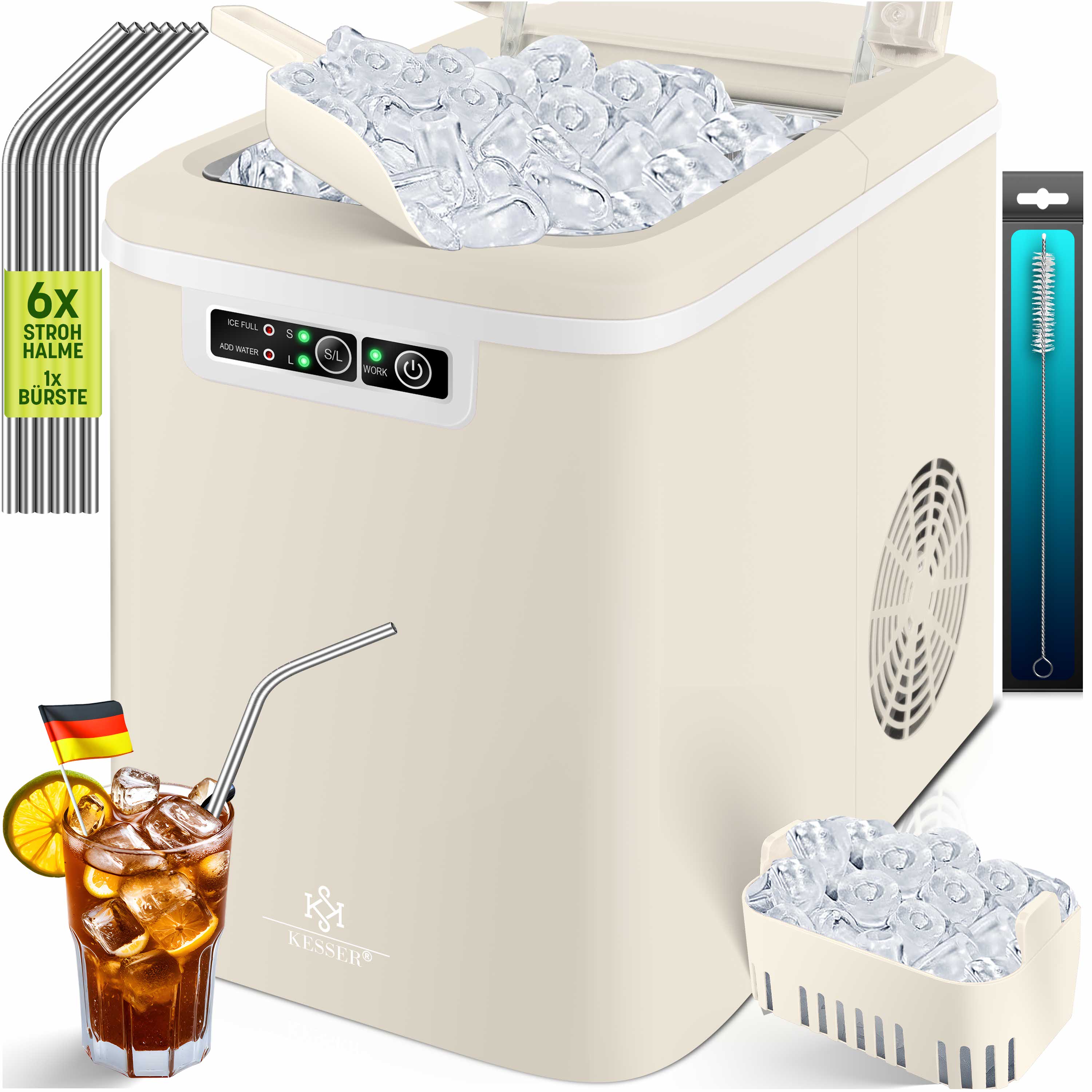 KESSER&reg; Eisw&uuml;rfelbereiter | Eisw&uuml;rfelmaschine Edelstahl | Ice Maker | 12 in 24h | Zubereitung in 7 min | 2,2 Liter Wassertank | 2 Eisw&uuml;rfel-Gr&ouml;&szlig;en | LED-Display | Selbstreinigungsfunktion mit Zubeh&ouml;r 