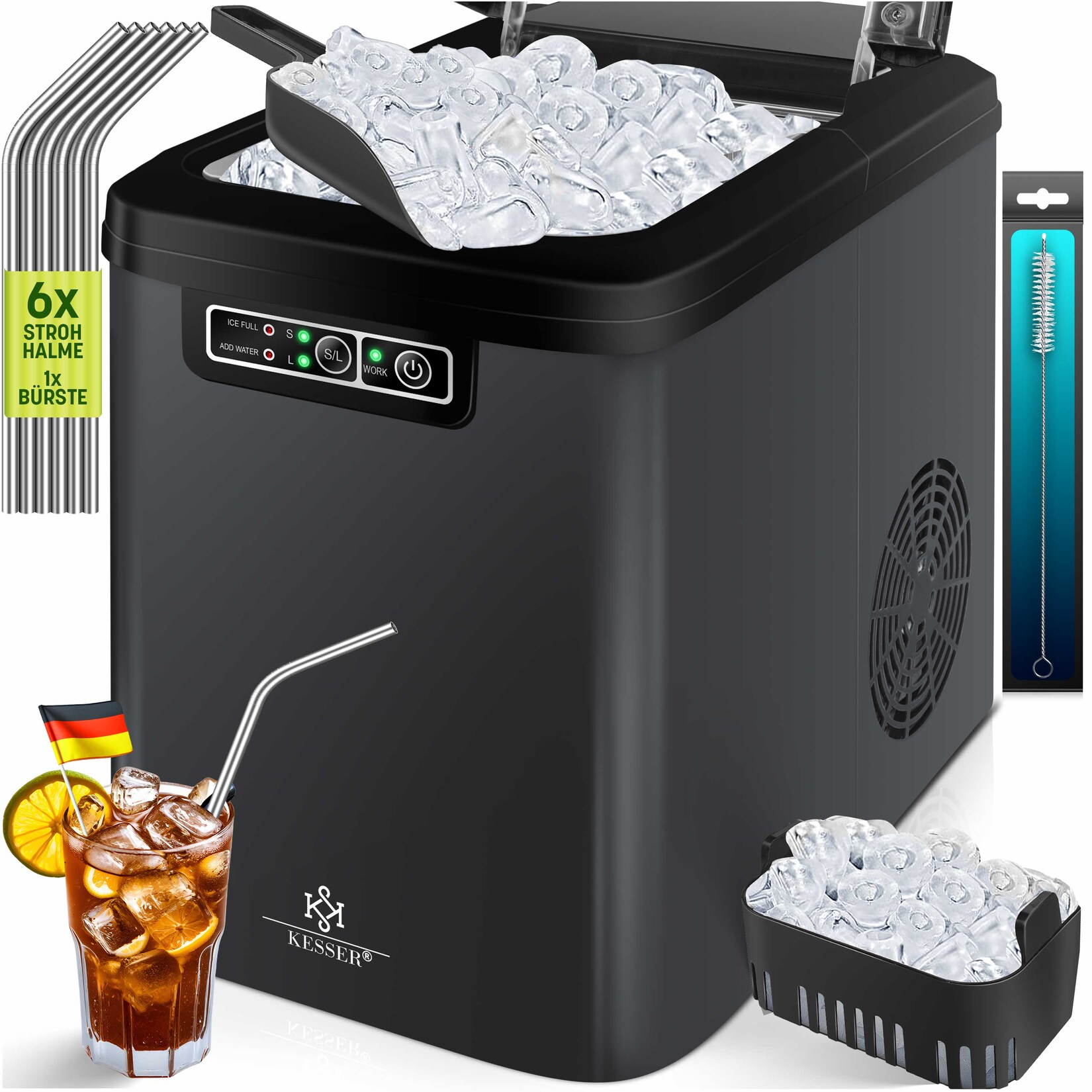 ® Eiswürfelbereiter   Eiswürfelmaschine Edelstahl   Ice Maker   12 in 24h   Zubereitung in 7 min   2,2 Liter Wassertank   2 Eiswürfel-Größen   LED-Display   Selbstreinigungsfunktion mit Zubehör