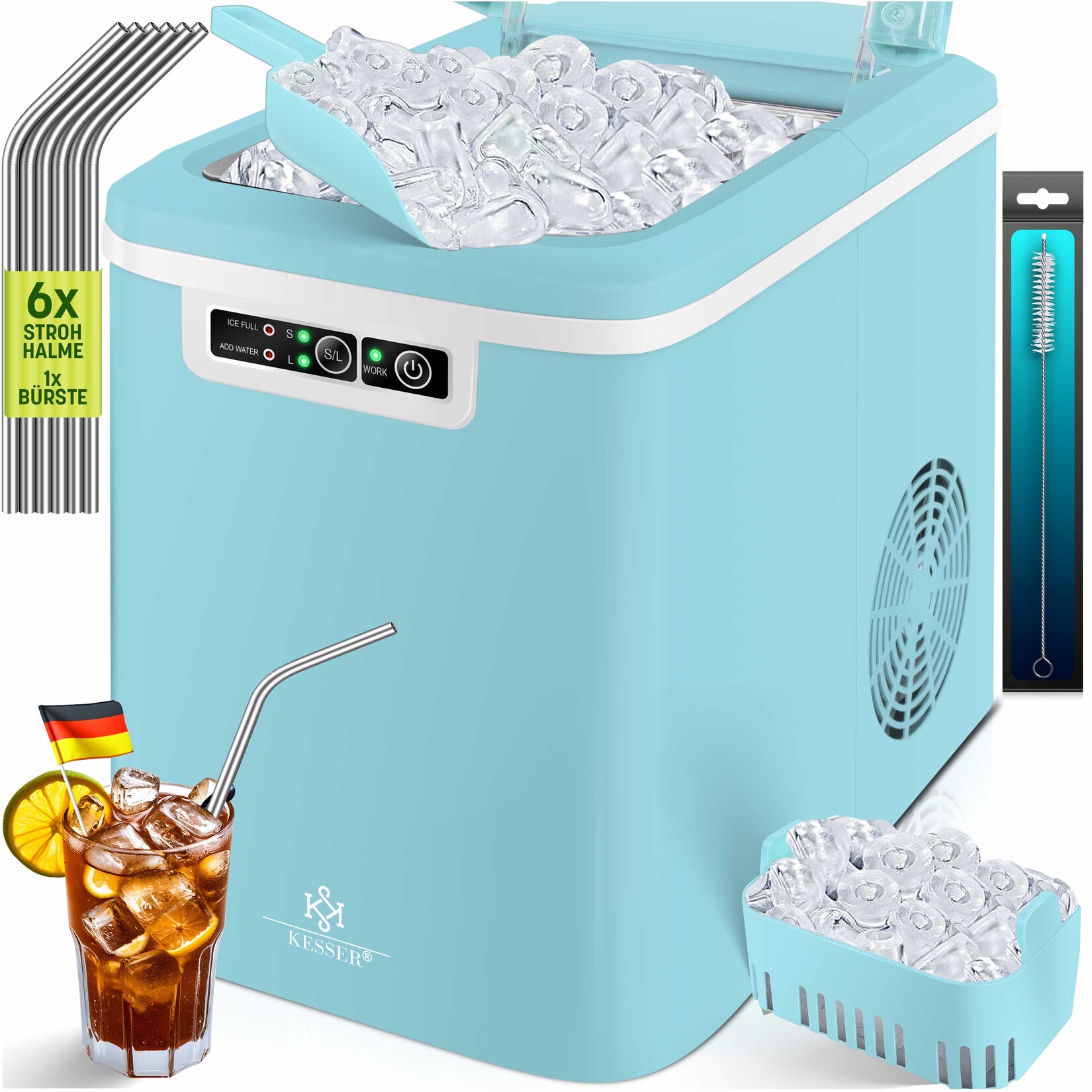 ® Eiswürfelbereiter   Eiswürfelmaschine Edelstahl   Ice Maker   12 in 24h   Zubereitung in 7 min   2,2 Liter Wassertank   2 Eiswürfel-Größen   LED-Display   Selbstreinigungsfunktion mit Zubehör
