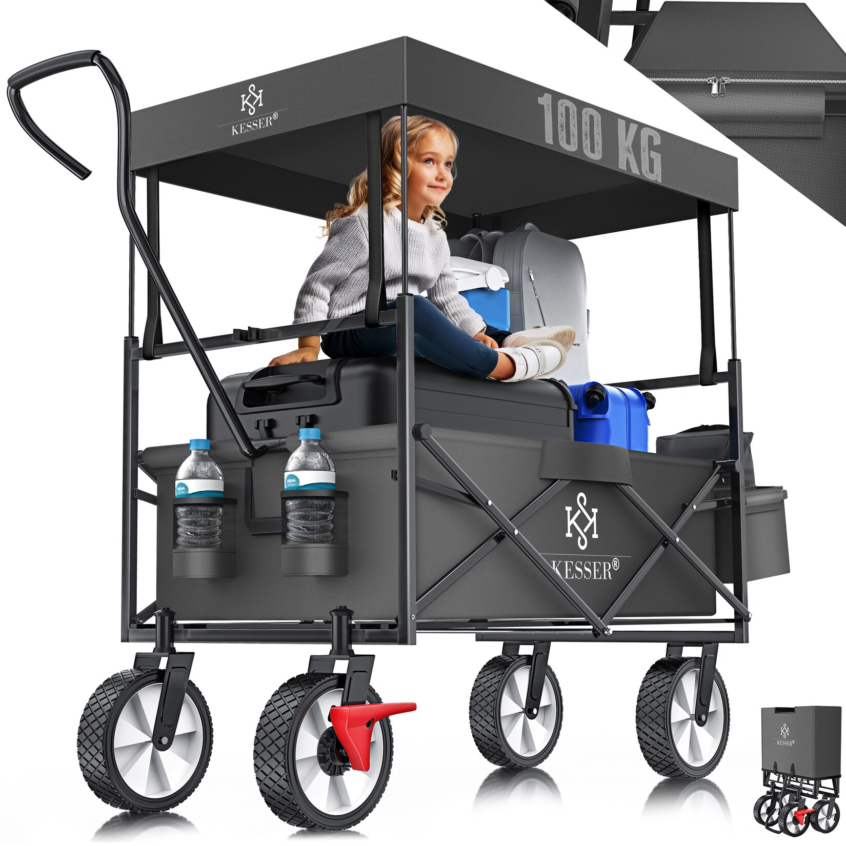 ® Bollerwagen faltbar mit Dach Handwagen Transportkarre Gerätewagen   inkl. 2 Netztaschen und Einer Außentasche   klappbar   Vollgummi-Reifen   bis  Tragkraft   Mit Vorderrad-Bremse