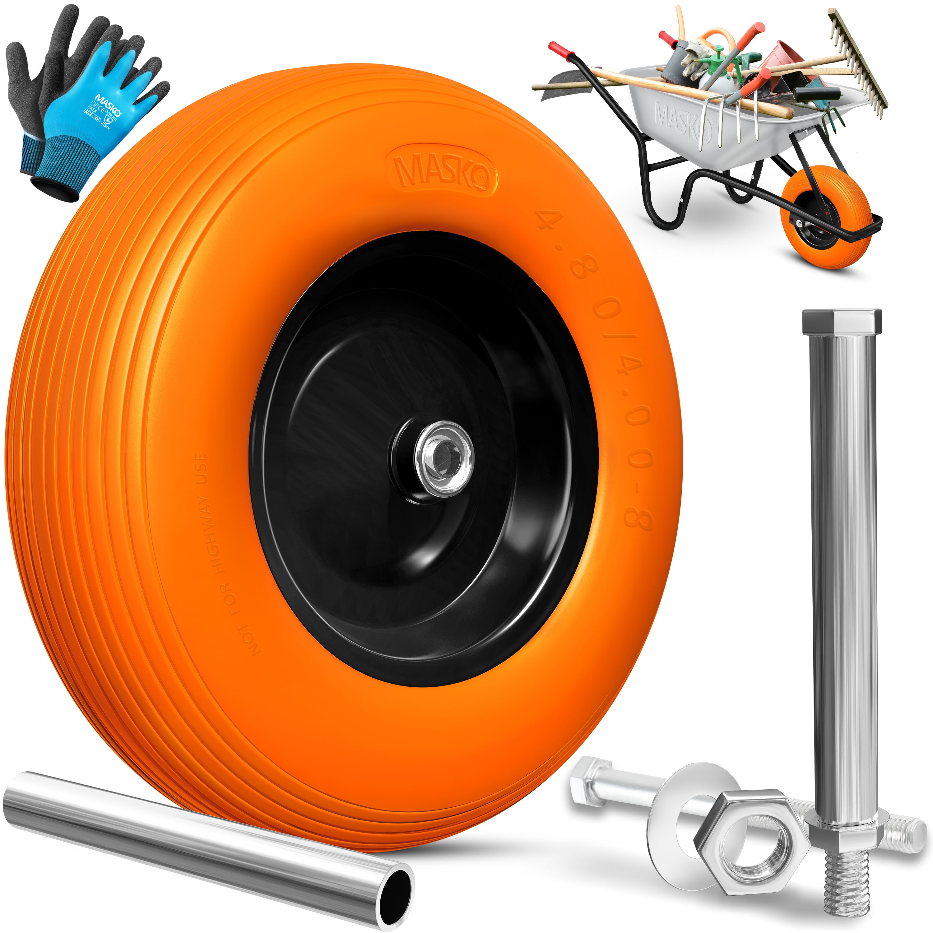 MASKO&reg; PU Schubkarrenrad Vollgummi 200 kg pannensicher 4.80/4.00-8 &Oslash; 390mm inkl. Achse Ersatzrad Gummirad Stahlfelge Reifen pannensicher f&uuml;r Schubkarre Gartenkarren pannensicheres PU Rad 