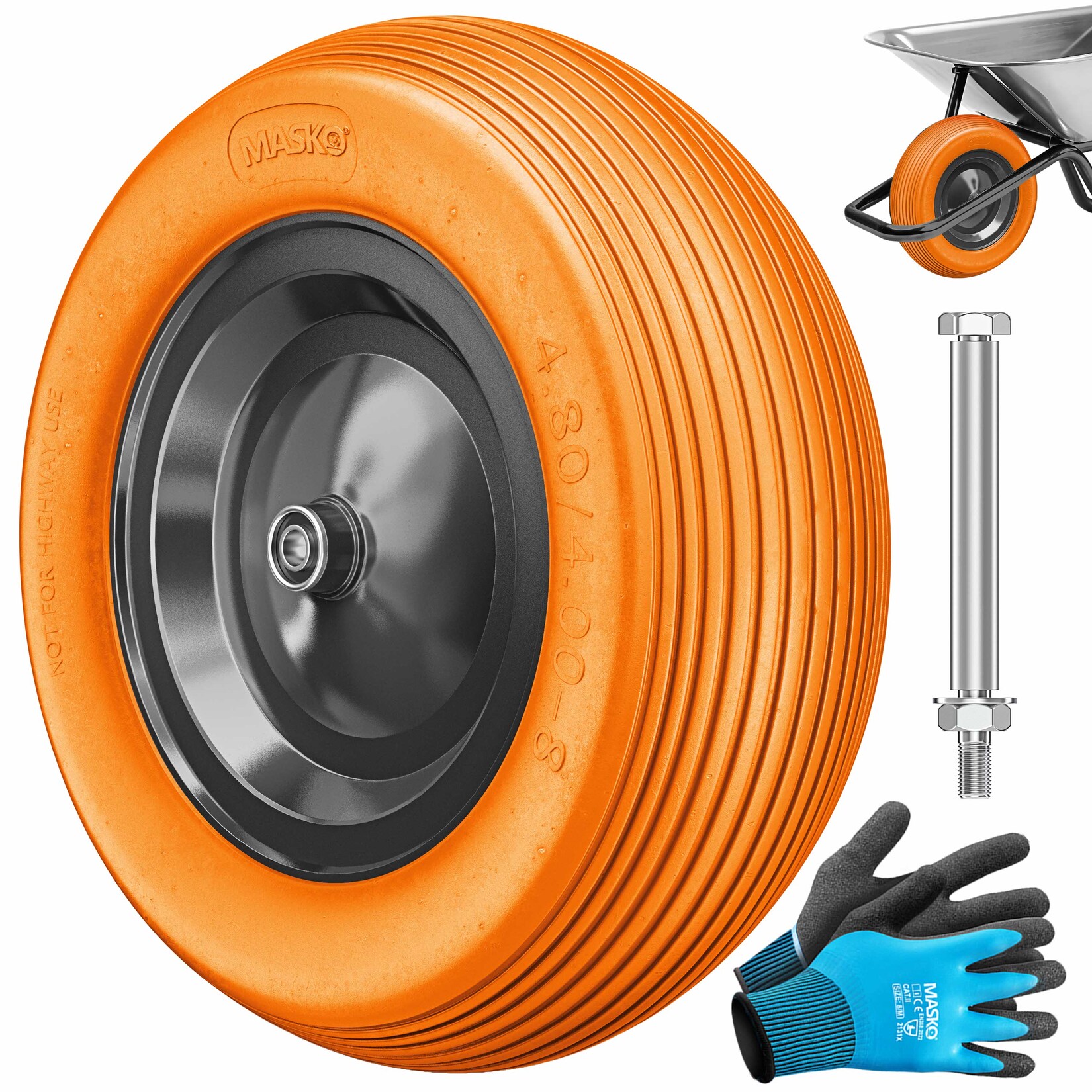 ® PU Schubkarrenrad Vollgummi  pannensicher 4.80/4.00-8 Ø 390mm inkl. Achse Ersatzrad Gummirad Stahlfelge Reifen pannensicher für Schubkarre Gartenkarren pannensicheres PU Rad