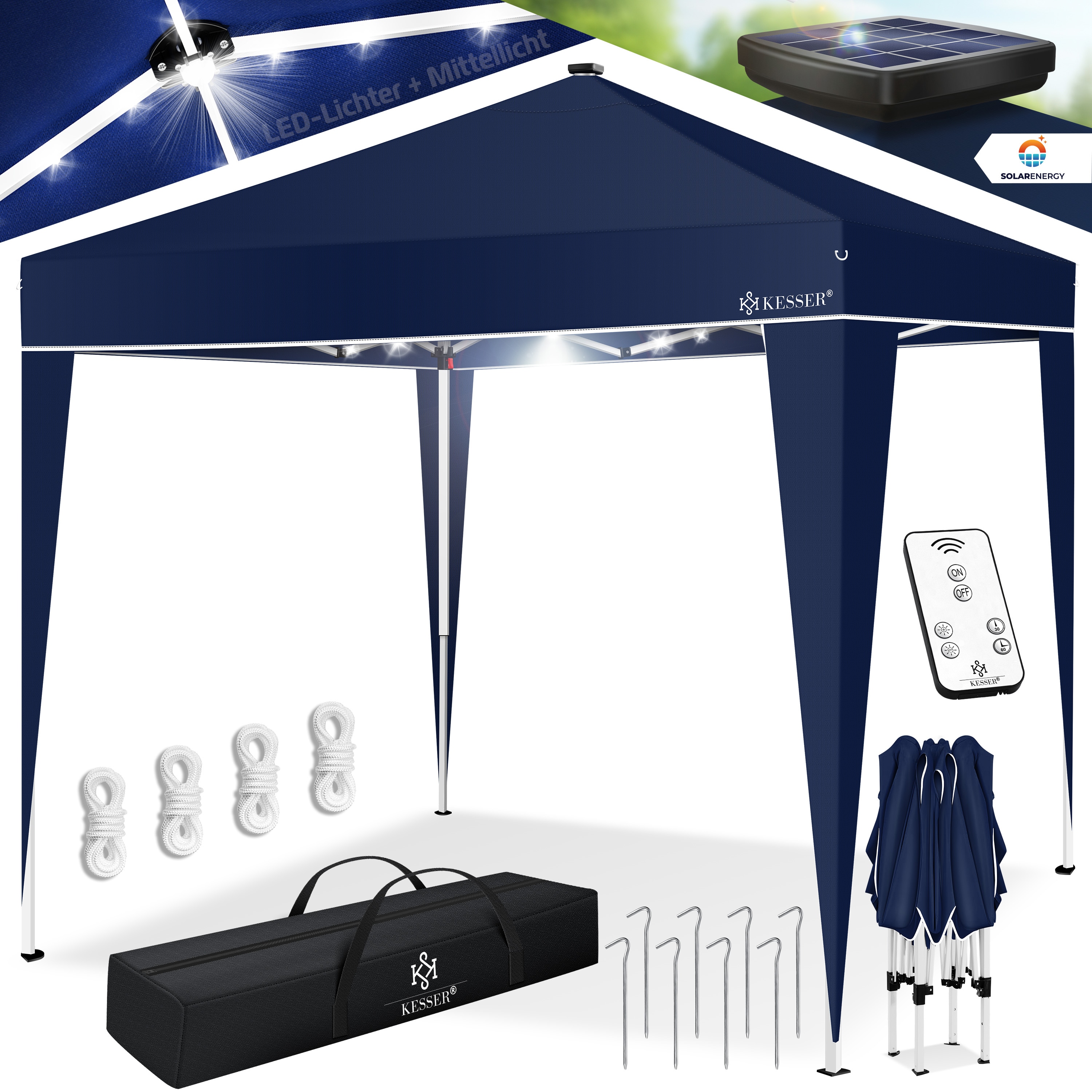 KESSER&reg; Pavillon Faltpavillon 3x3m mit LED Beleuchtung Solar Fernbedienung | Gartenzelt H&ouml;henverstellbar & Wasserdicht + Tasche Bodenanker | Pop-Up Klicksystem UV-Schutz 50+ Partyzelt 
