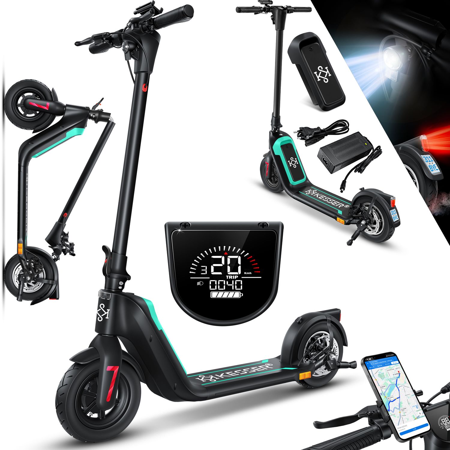 KESSER&reg; E-Scooter mit Stra&szlig;enzulassung 40km Reichweite Faltbarer Elektro 36V / 10 Ah Batterie Roller Belastung bis 120kg 450W Motor 10" Reifen LCD-Display und universelle Smartphonehalterung 