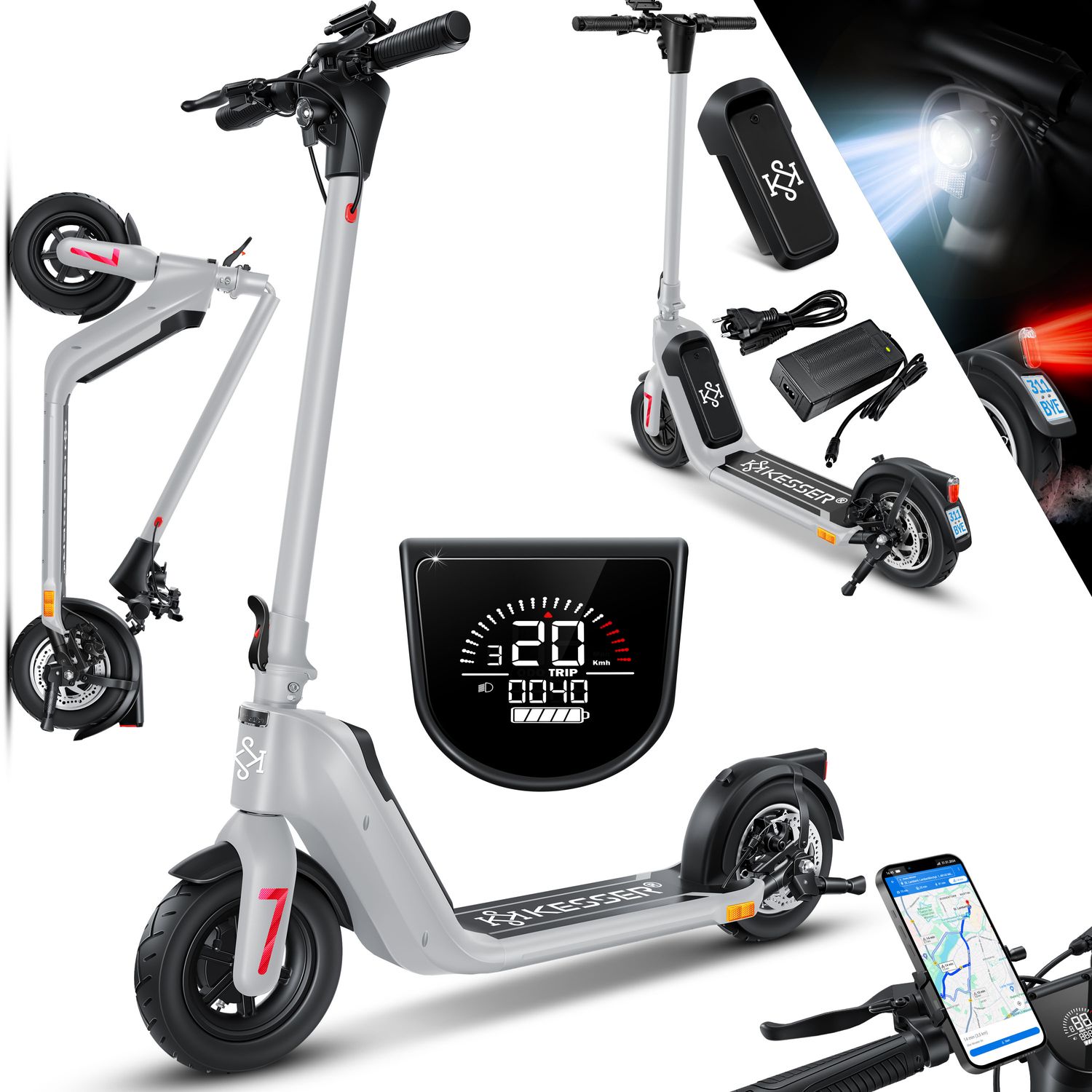 KESSER&reg; E-Scooter mit Stra&szlig;enzulassung 40km Reichweite Faltbarer Elektro 36V / 10 Ah Batterie Roller Belastung bis 120kg 450W Motor 10" Reifen LCD-Display und universelle Smartphonehalterung 