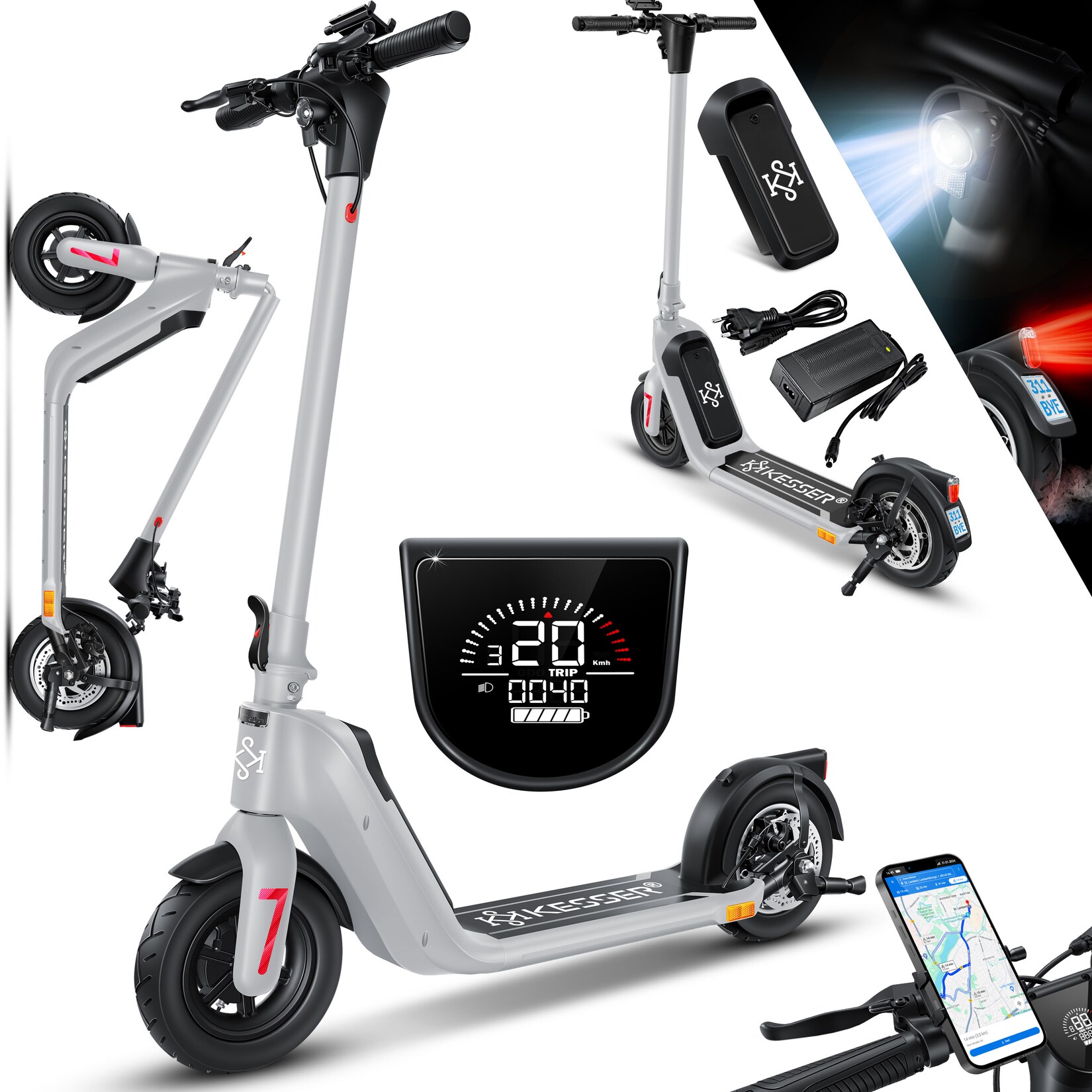 ® E-Scooter mit Straßenzulassung 40km Reichweite Faltbarer Elektro 36V / 10 Ah Batterie Roller Belastung bis  450W Motor 10" Reifen LCD-Display und universelle Smartphonehalterung