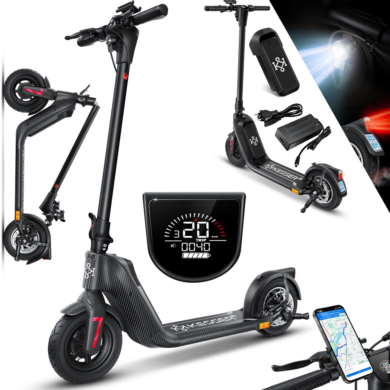 KESSER&reg; E-Scooter mit Stra&szlig;enzulassung 40km Reichweite Faltbarer Elektro 36V / 10 Ah Batterie Roller Belastung bis 120kg 450W Motor 10" Reifen LCD-Display und universelle Smartphonehalterung 