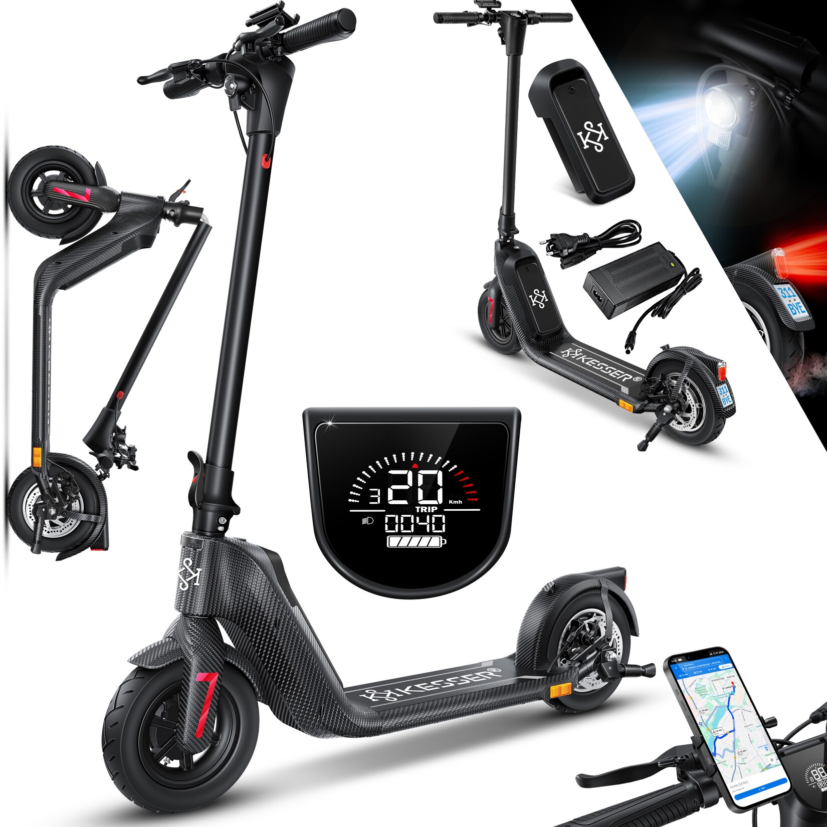 ® E-Scooter mit Straßenzulassung 40km Reichweite Faltbarer Elektro 36V / 10 Ah Batterie Roller Belastung bis  450W Motor 10" Reifen LCD-Display und universelle Smartphonehalterung